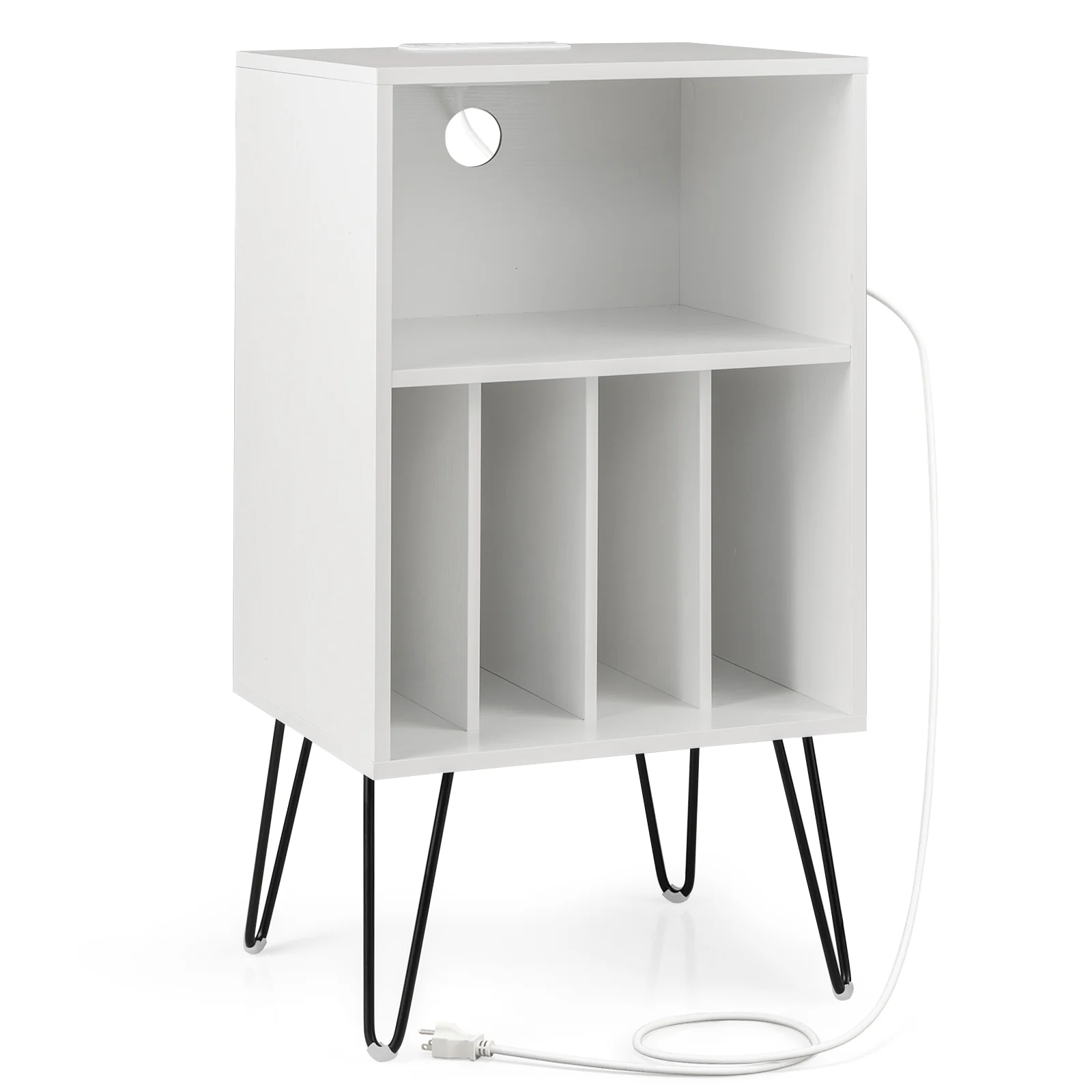 Record Player Stand With Charging Station, White - Image 4