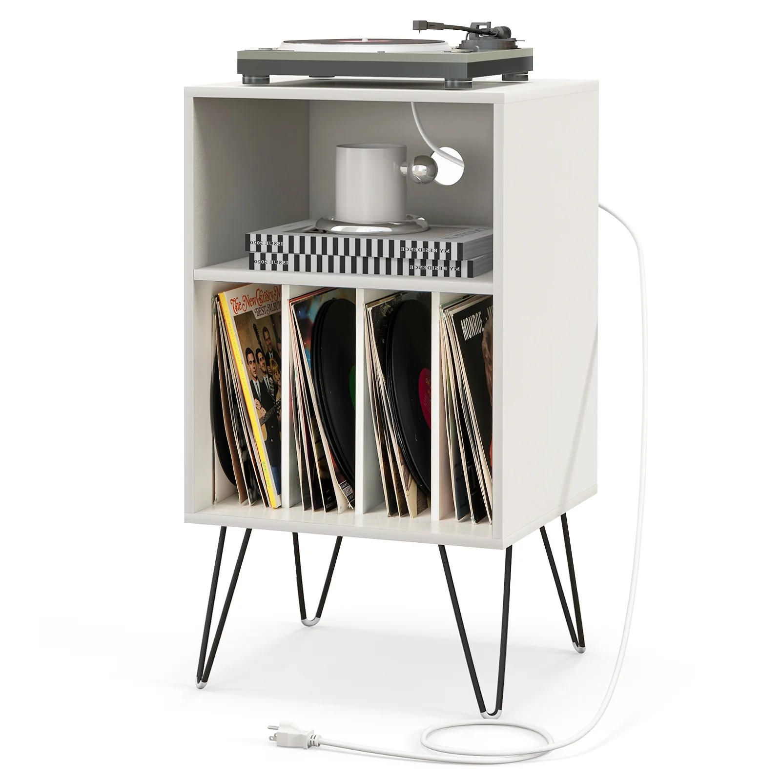 Record Player Stand With Charging Station, White - Image 5