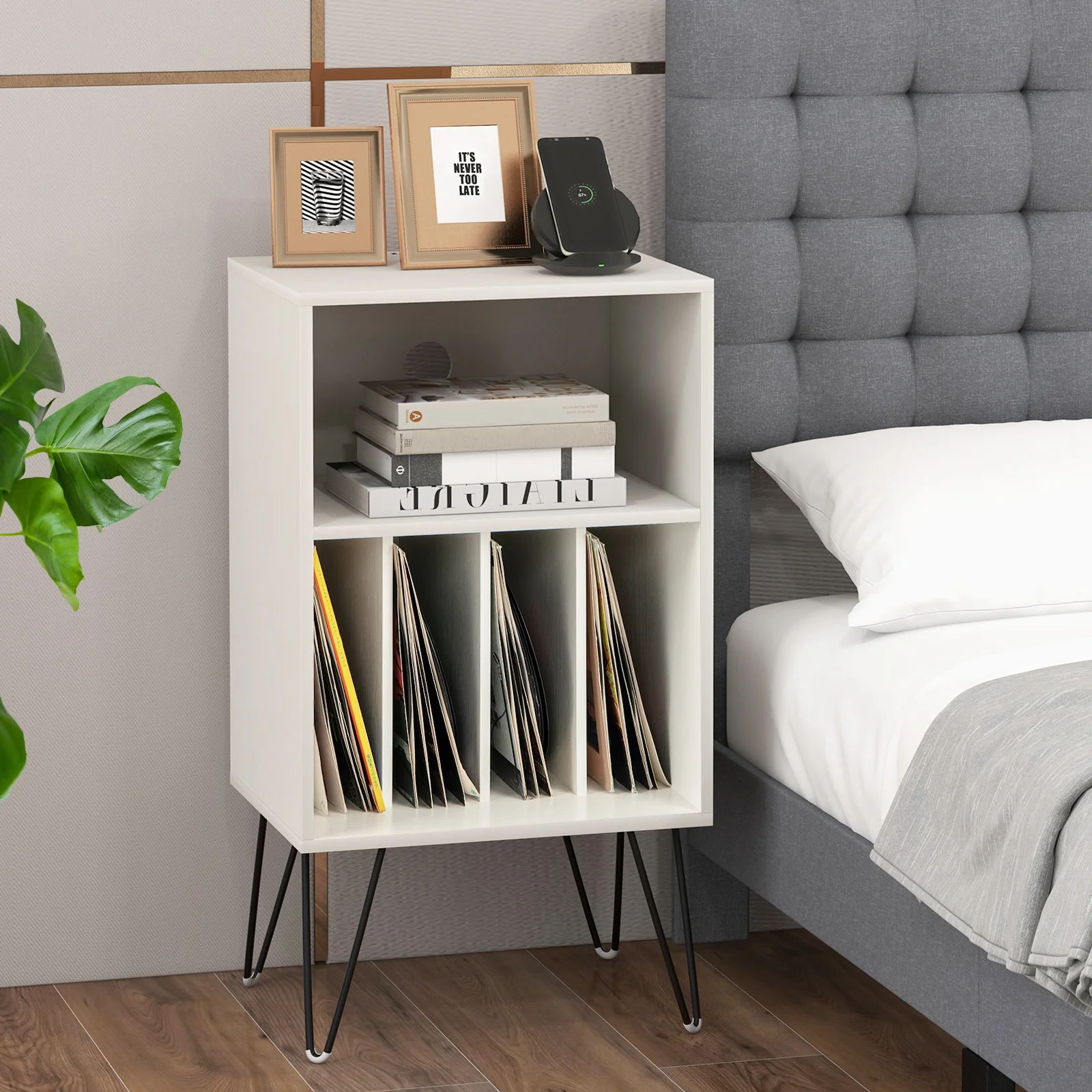 Record Player Stand With Charging Station, White - Image 7