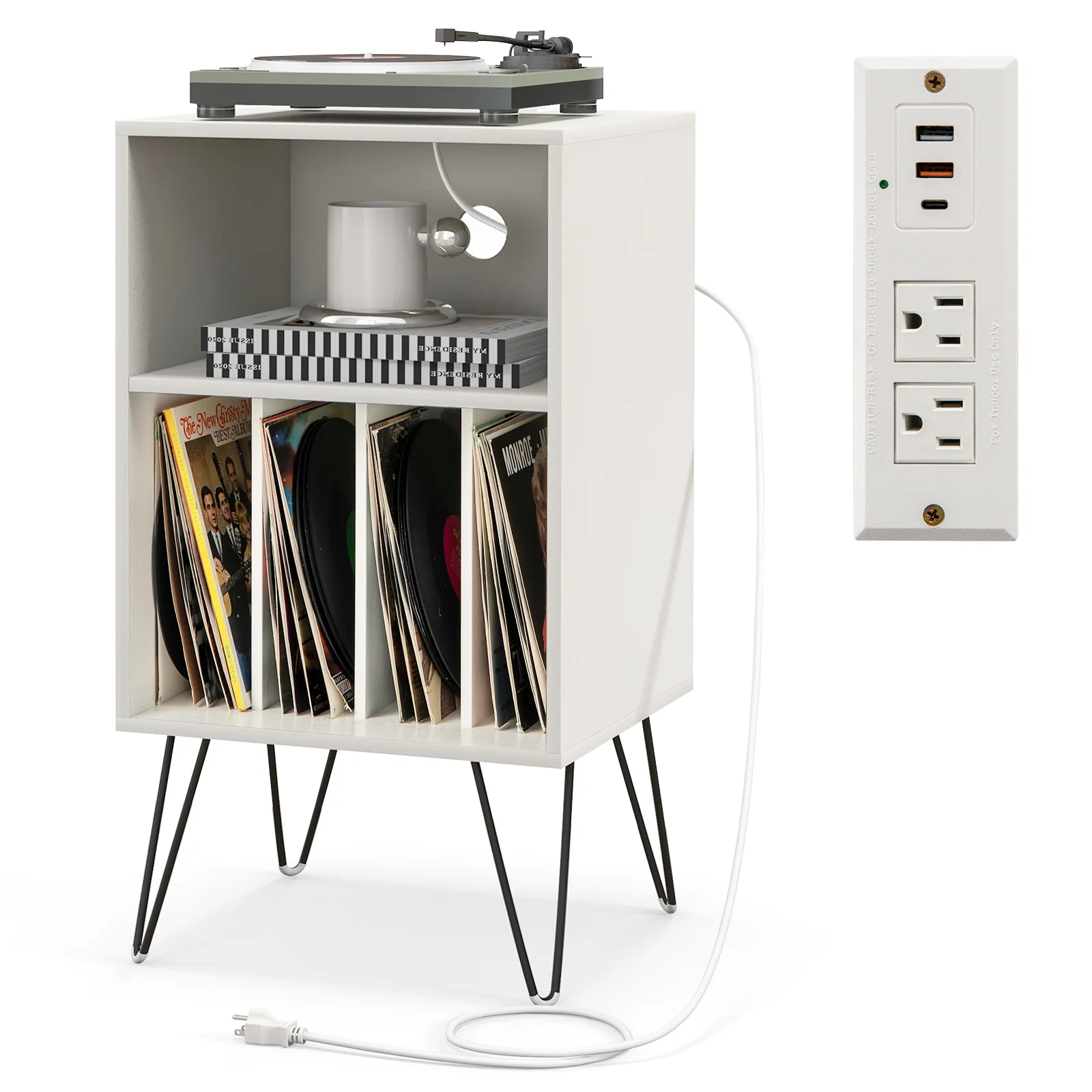Record Player Stand With Charging Station, White - Image 8