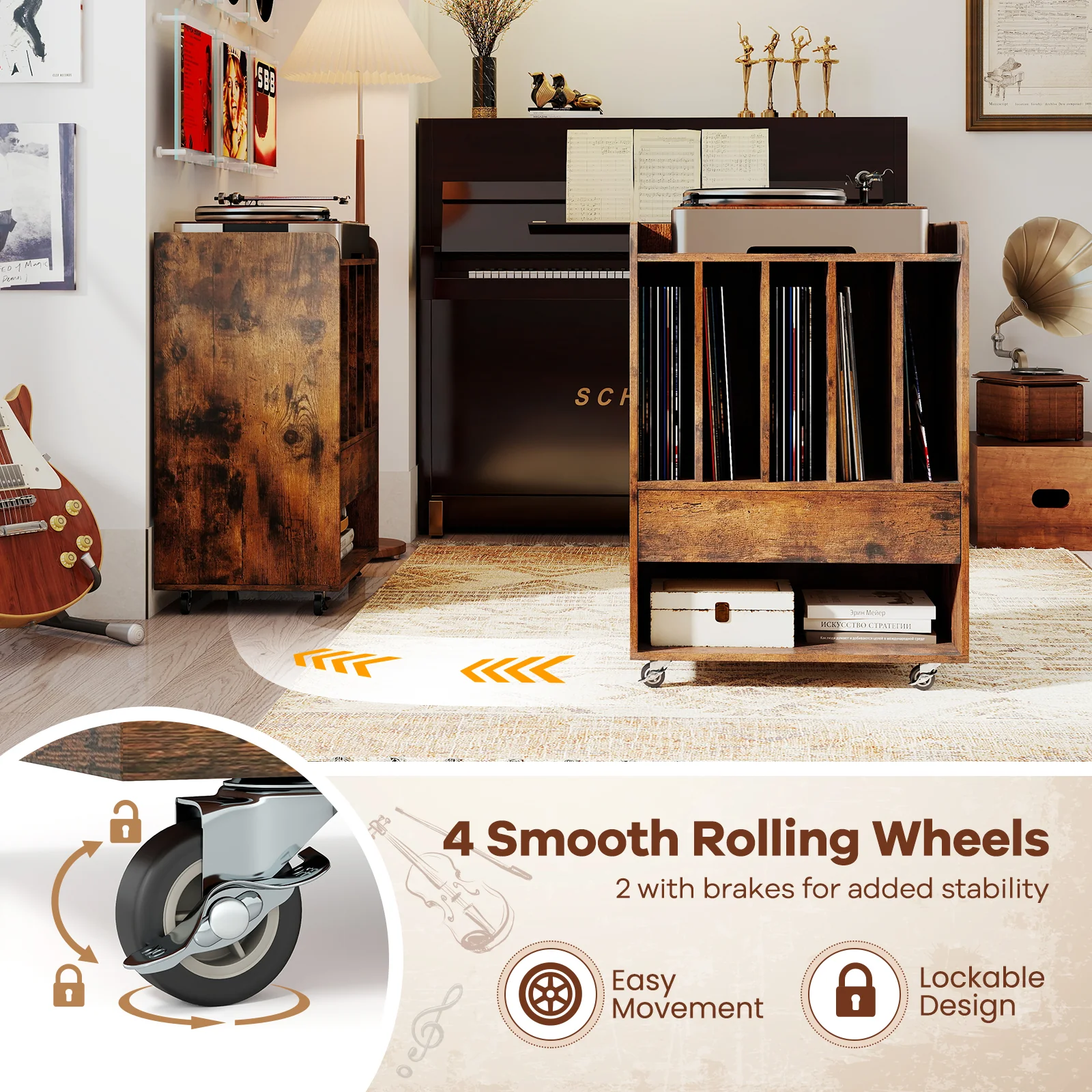 Record Player Stand With Drawer And Record Holder, Brown - Image 10