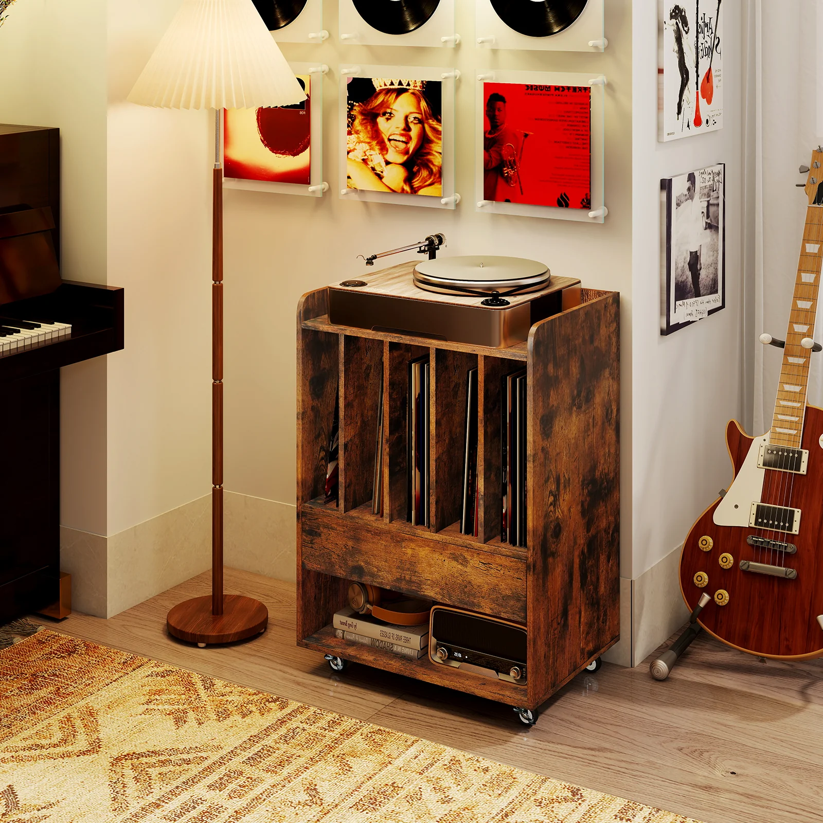 Record Player Stand With Drawer And Record Holder, Brown - Image 3