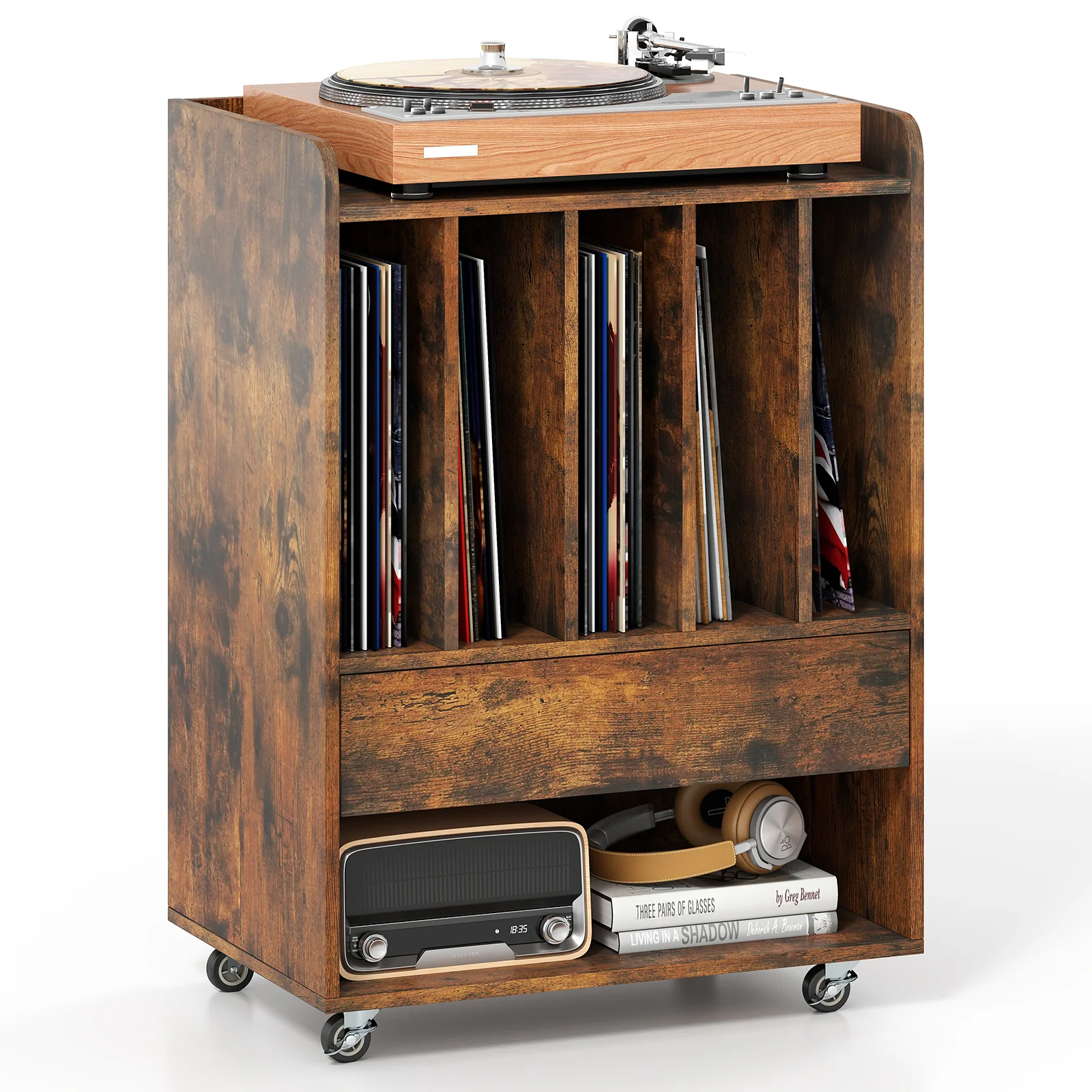 Record Player Stand With Drawer And Record Holder, Brown - Image 4