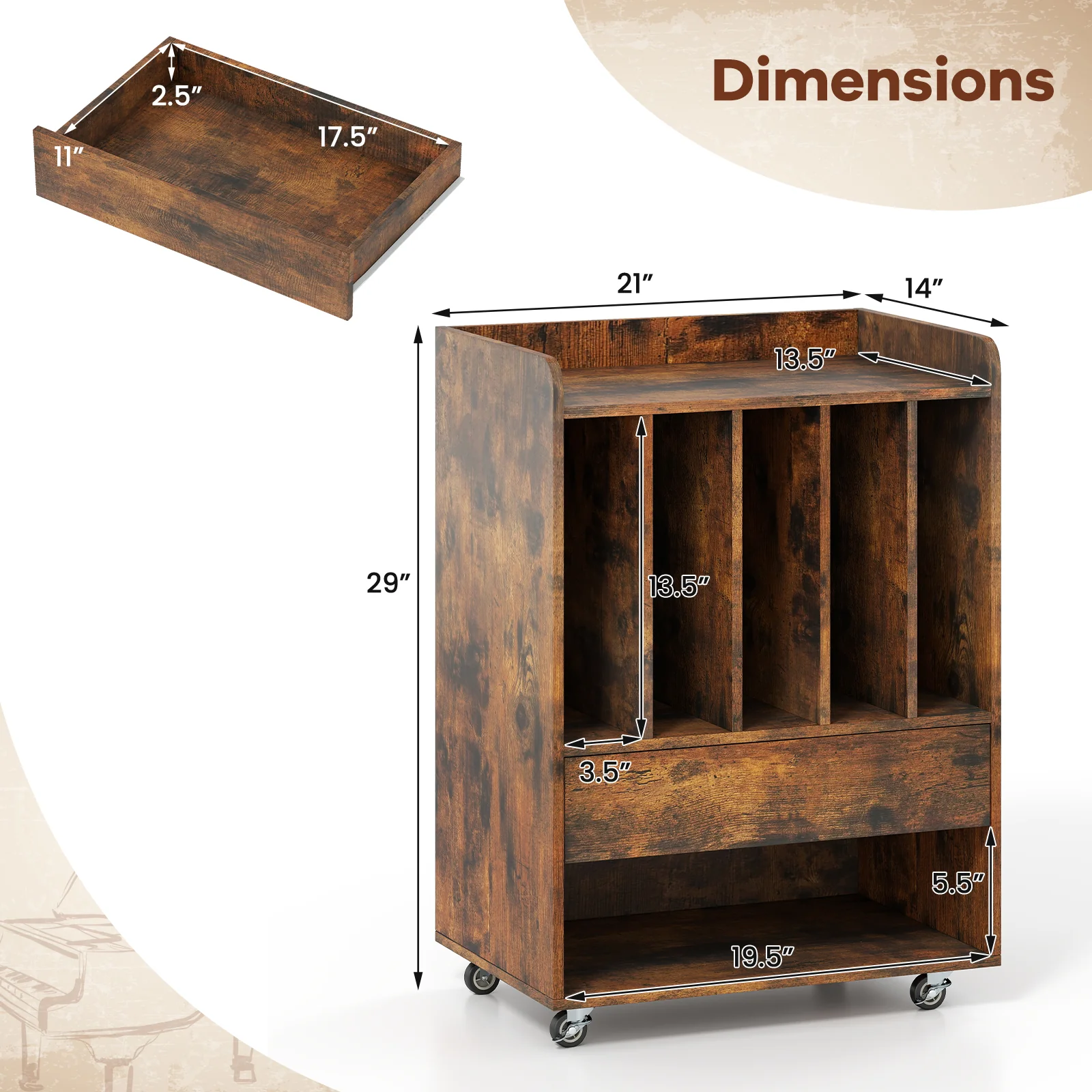 Record Player Stand With Drawer And Record Holder, Brown - Image 6