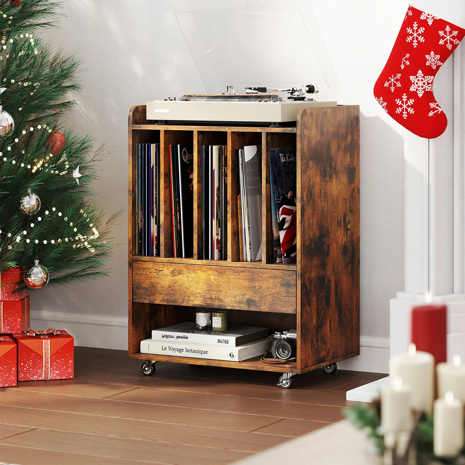 Record Player Stand With Drawer And Record Holder, Brown - Image 7