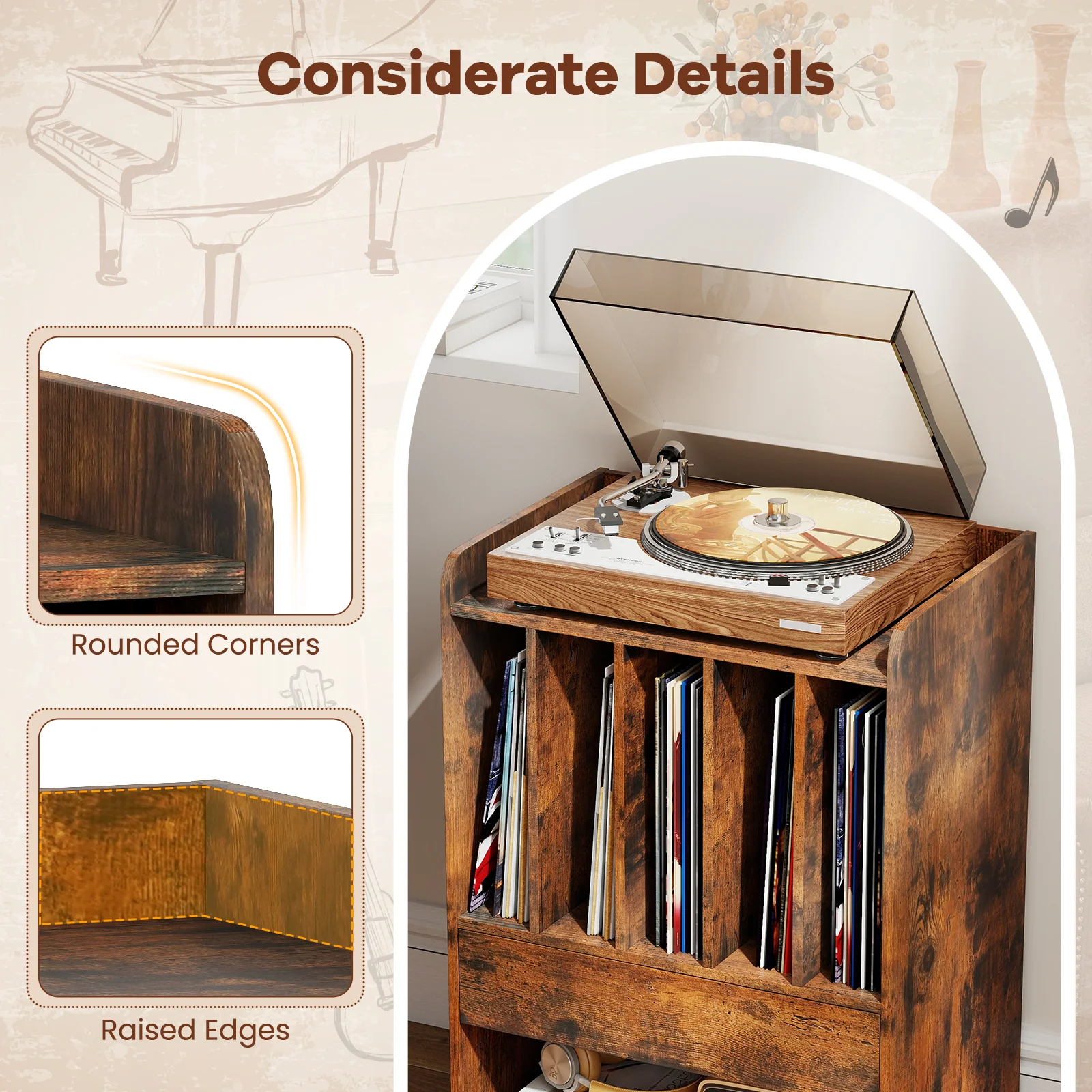 Record Player Stand With Drawer And Record Holder, Brown - Image 8