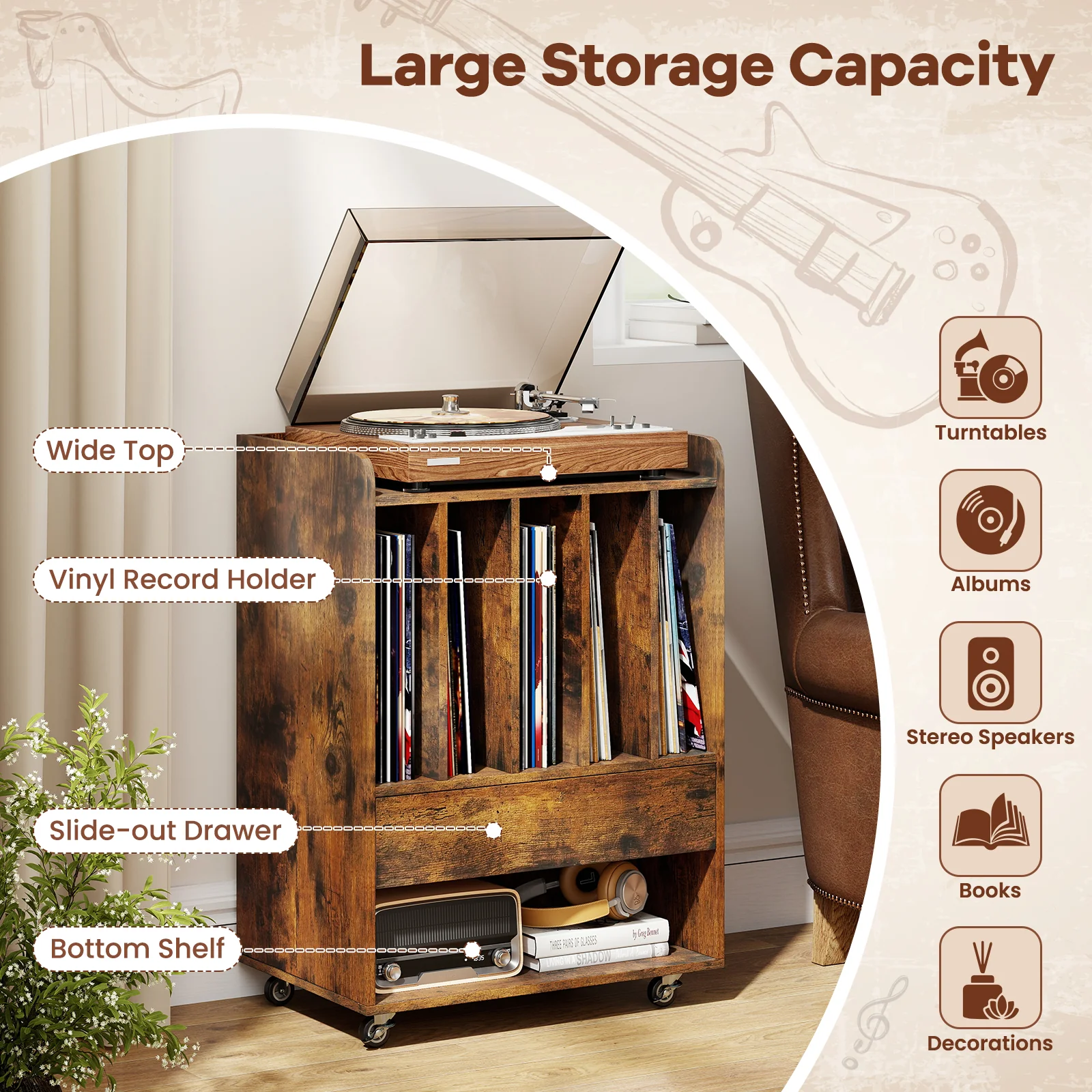 Record Player Stand With Drawer And Record Holder, Brown - Image 9