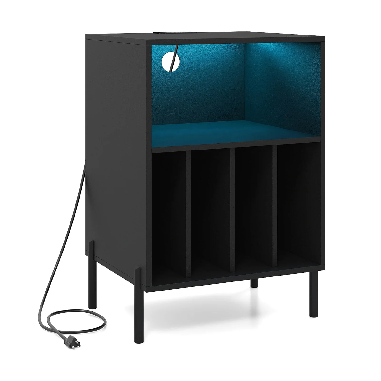 Record Player Stand With LED Light, Charging Station, Black - Image 5