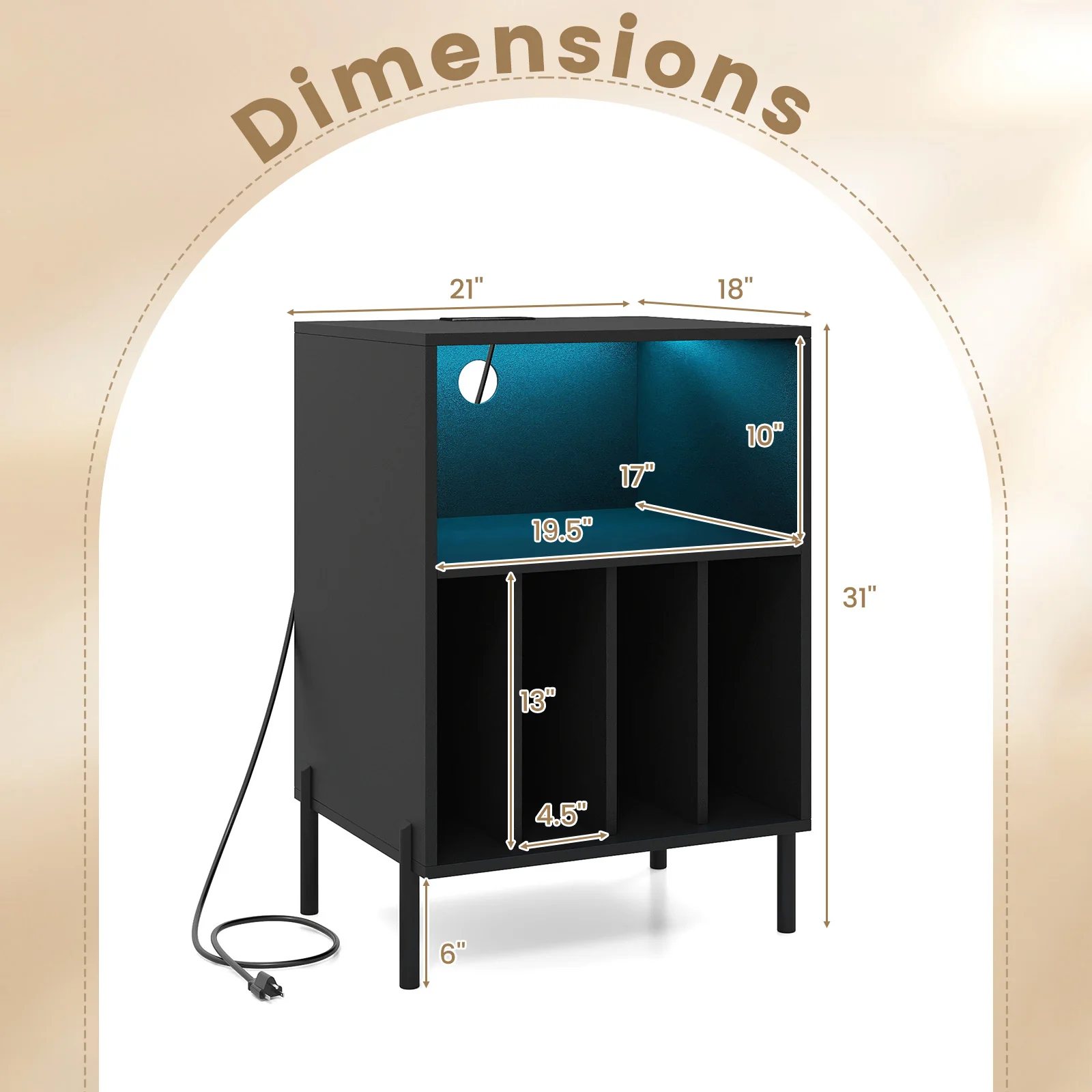 Record Player Stand With LED Light, Charging Station, Black - Image 6