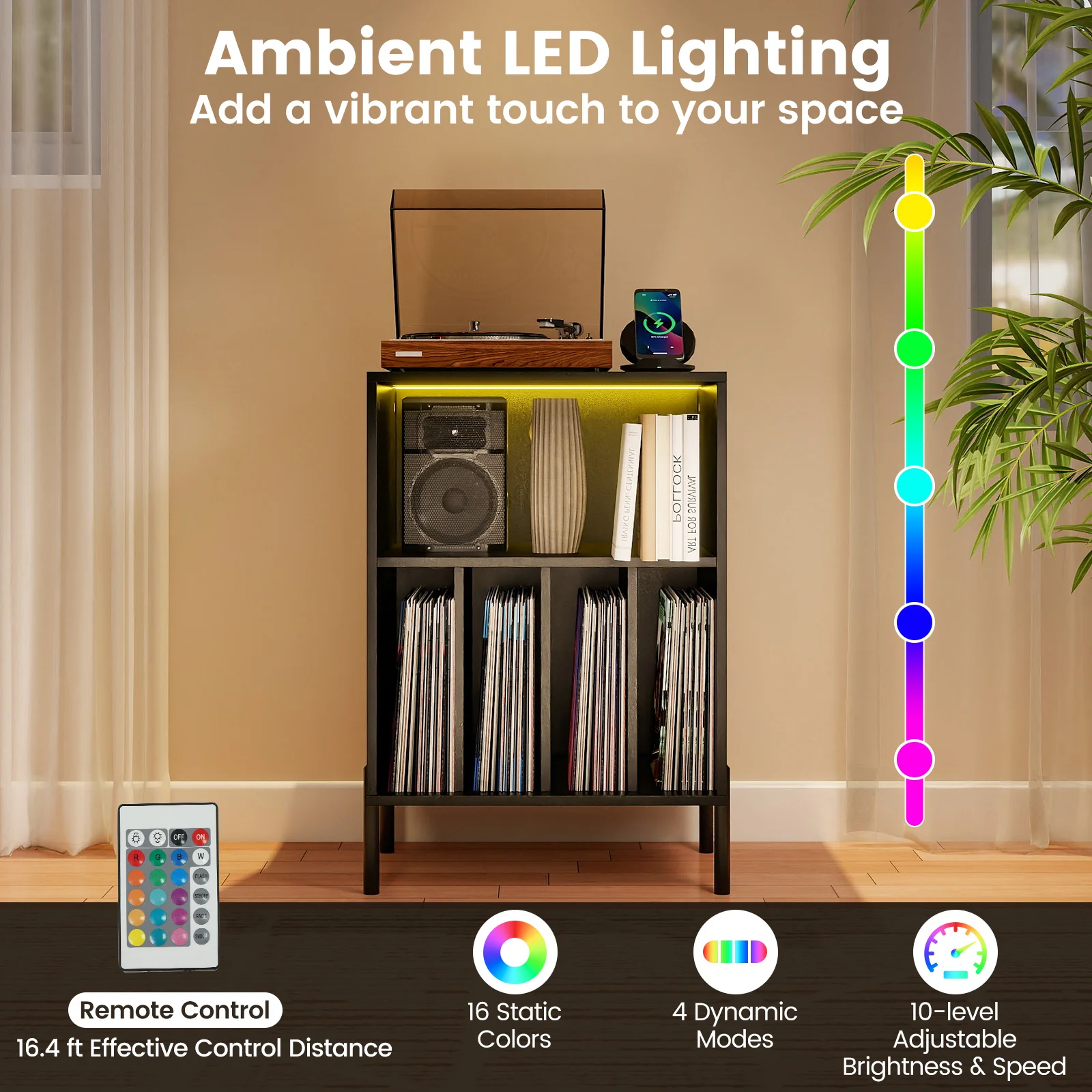 Record Player Stand With LED Light, Charging Station, Black - Image 8