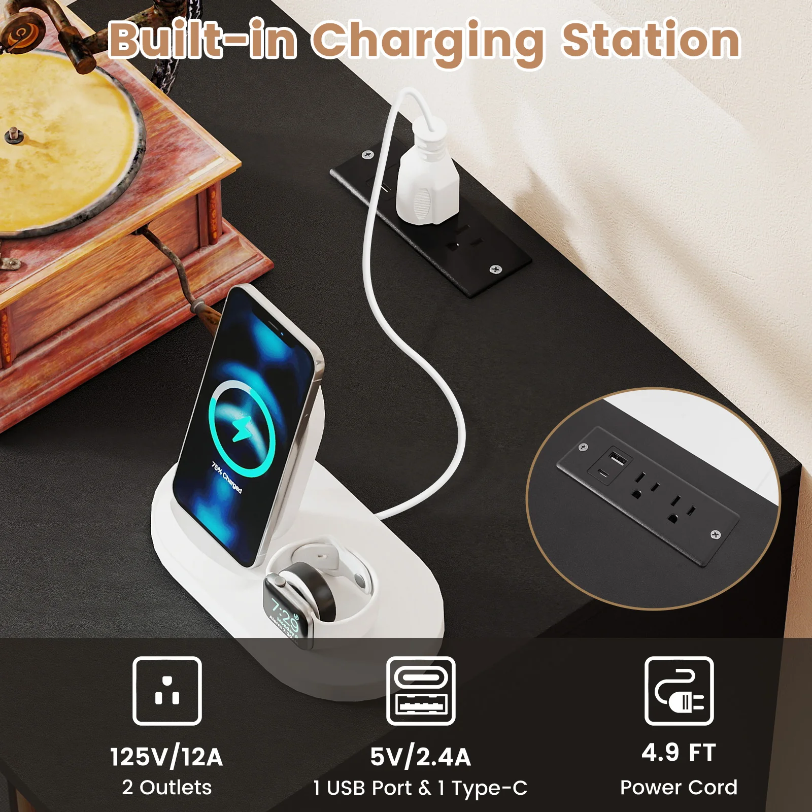 Record Player Stand With LED Light, Charging Station, Black - Image 9