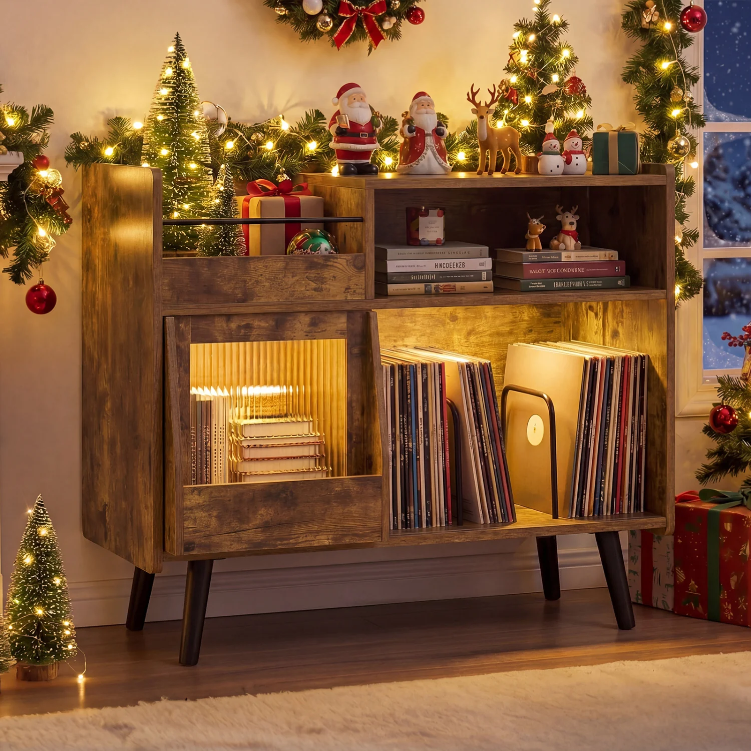 Record Player Stand with LED Light, Rustic Brown - Image 6