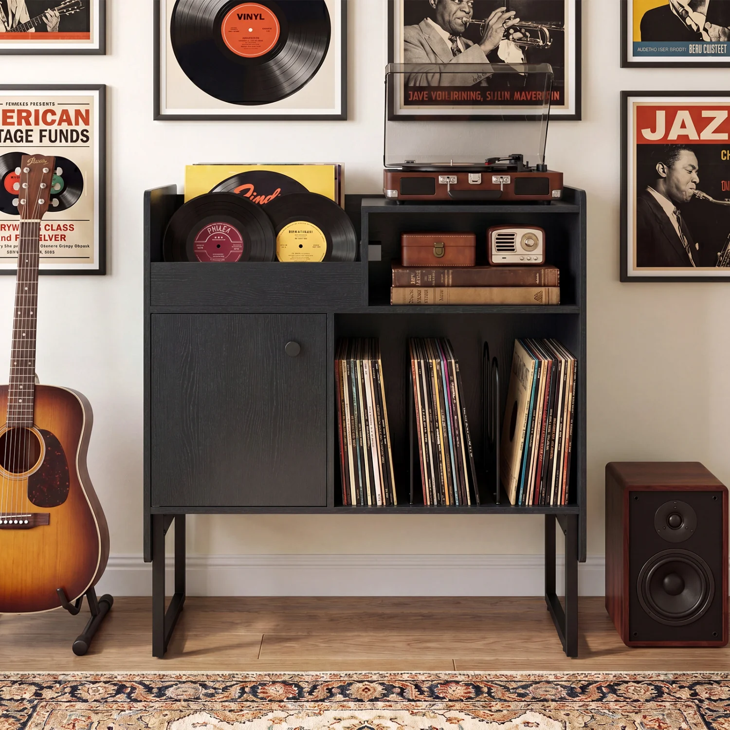 Record Player Stand With Power Outlets, Black - Image 2