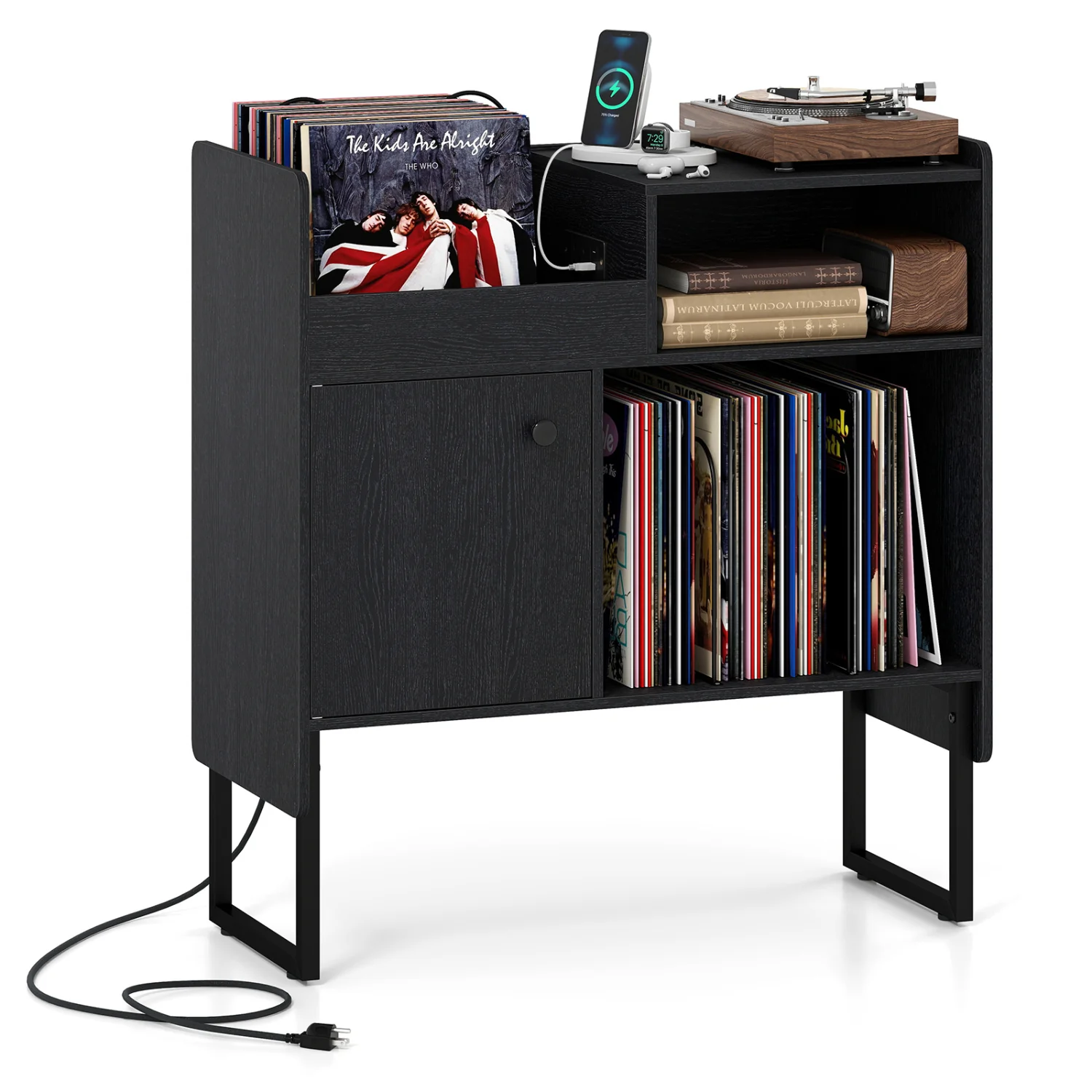 Record Player Stand With Power Outlets, Black - Image 4