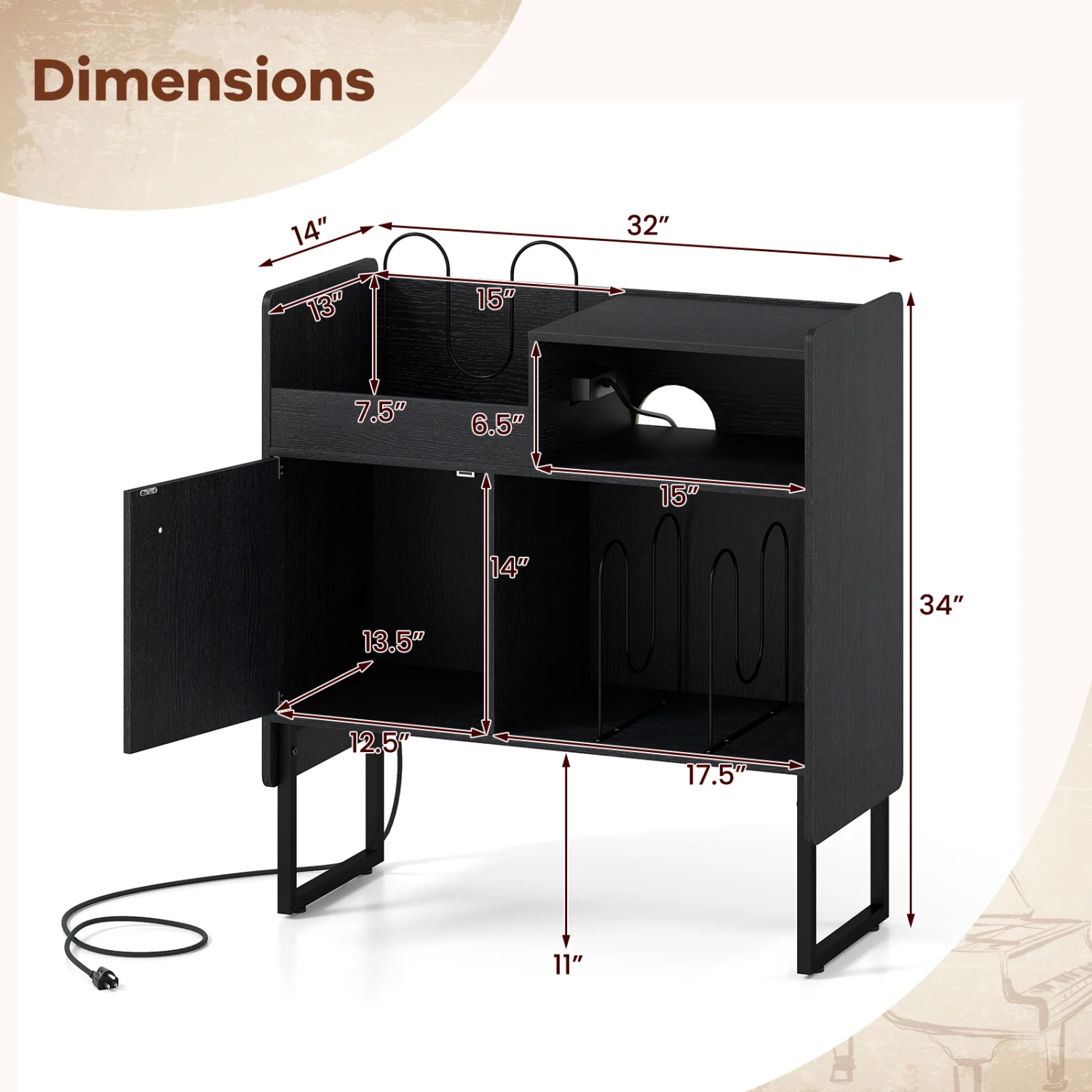 Record Player Stand With Power Outlets, Black - Image 5