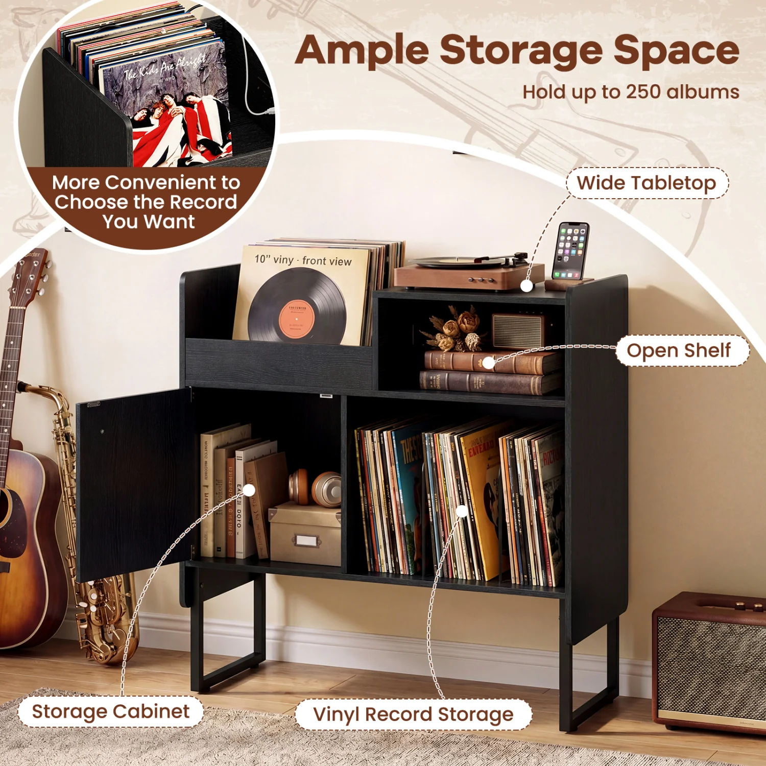 Record Player Stand With Power Outlets, Black - Image 7