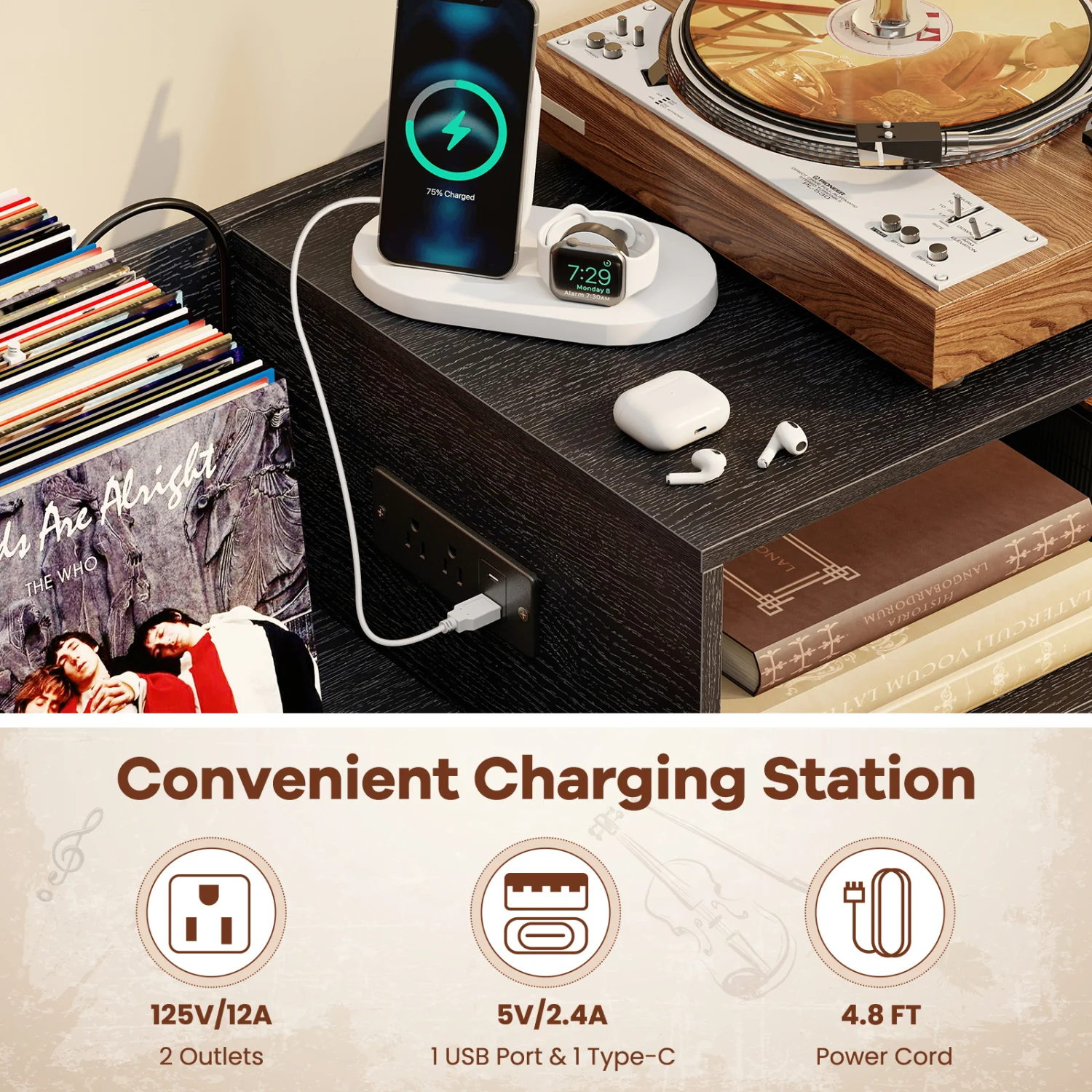 Record Player Stand With Power Outlets, Black - Image 8