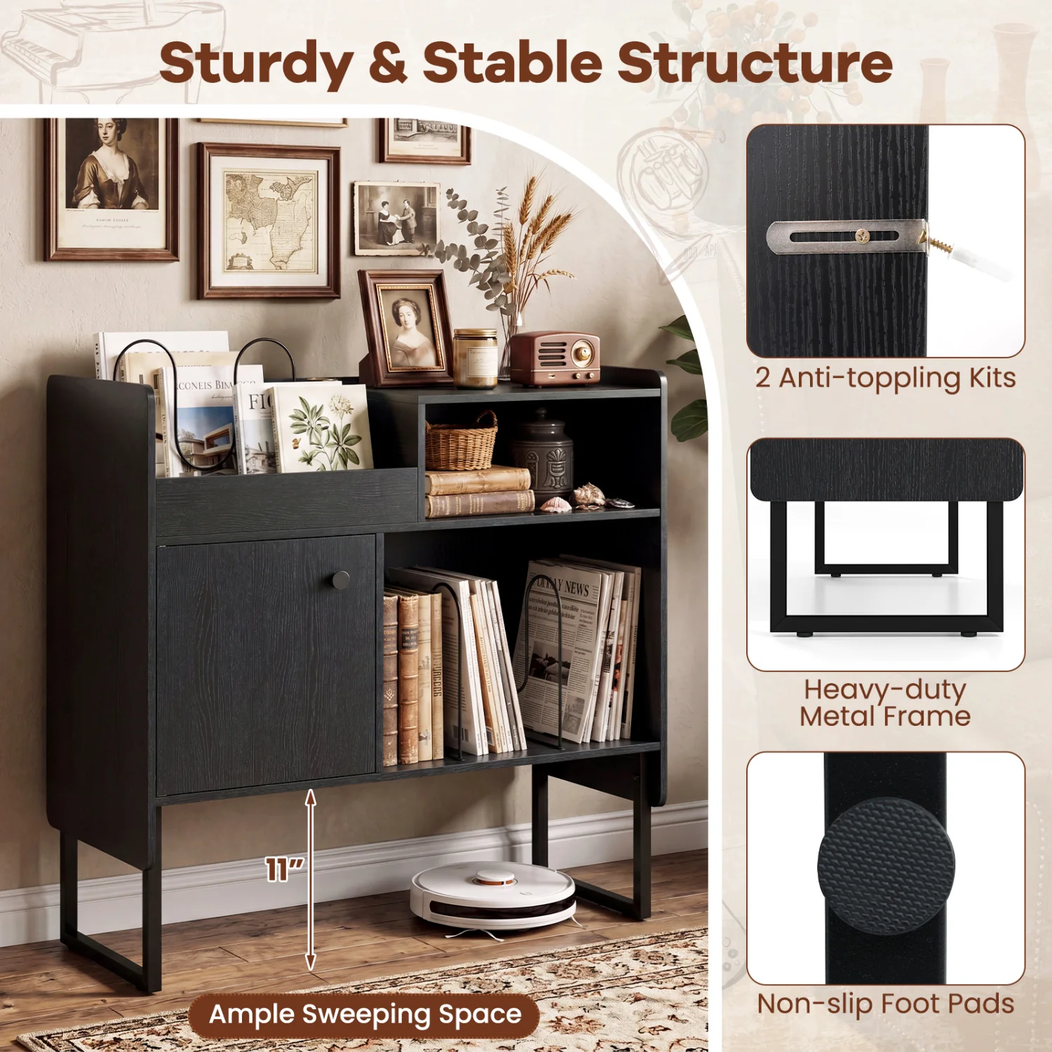Record Player Stand With Power Outlets, Black - Image 9