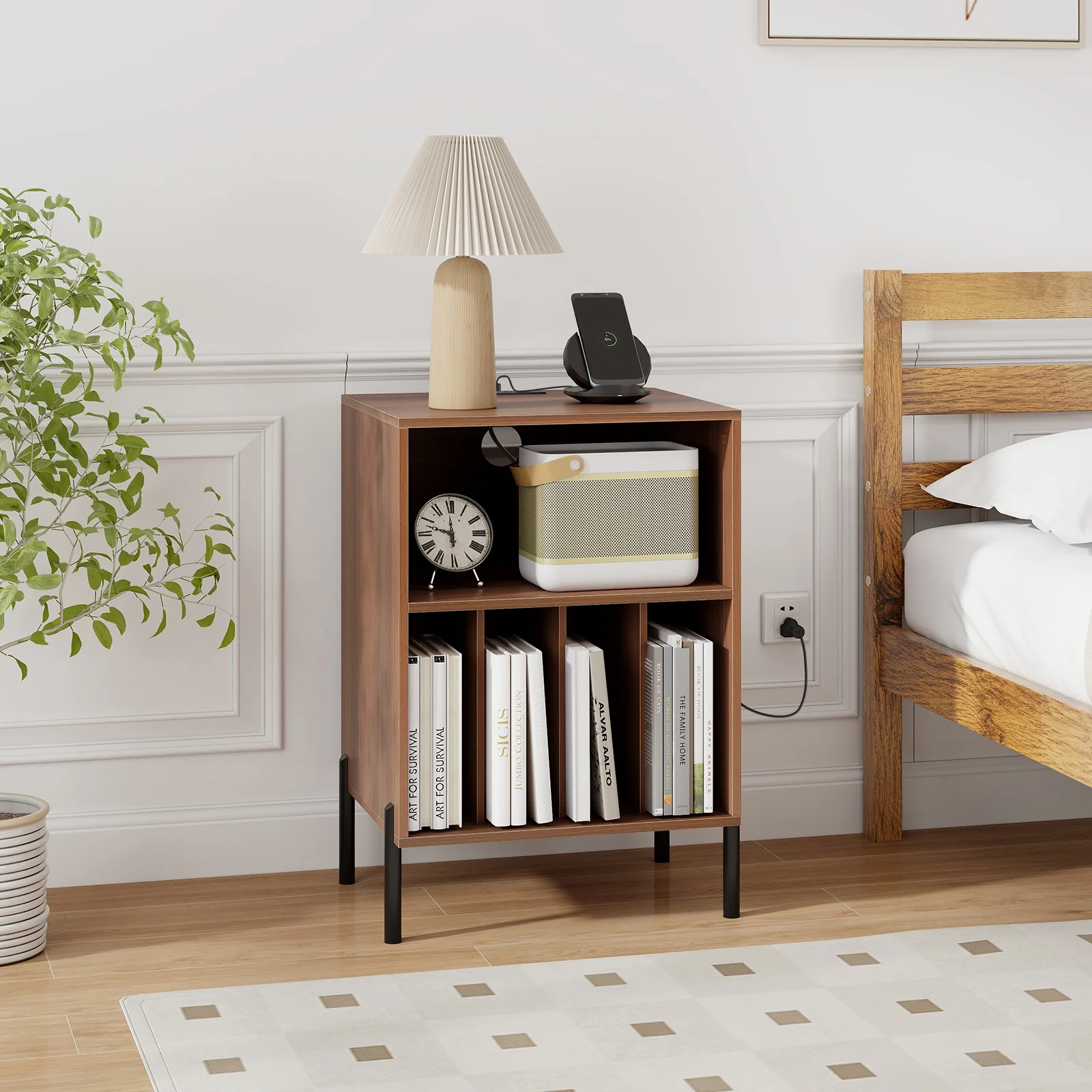 Record Player Stand With Storage Shelf, Charging Station, Walnut - Image 2