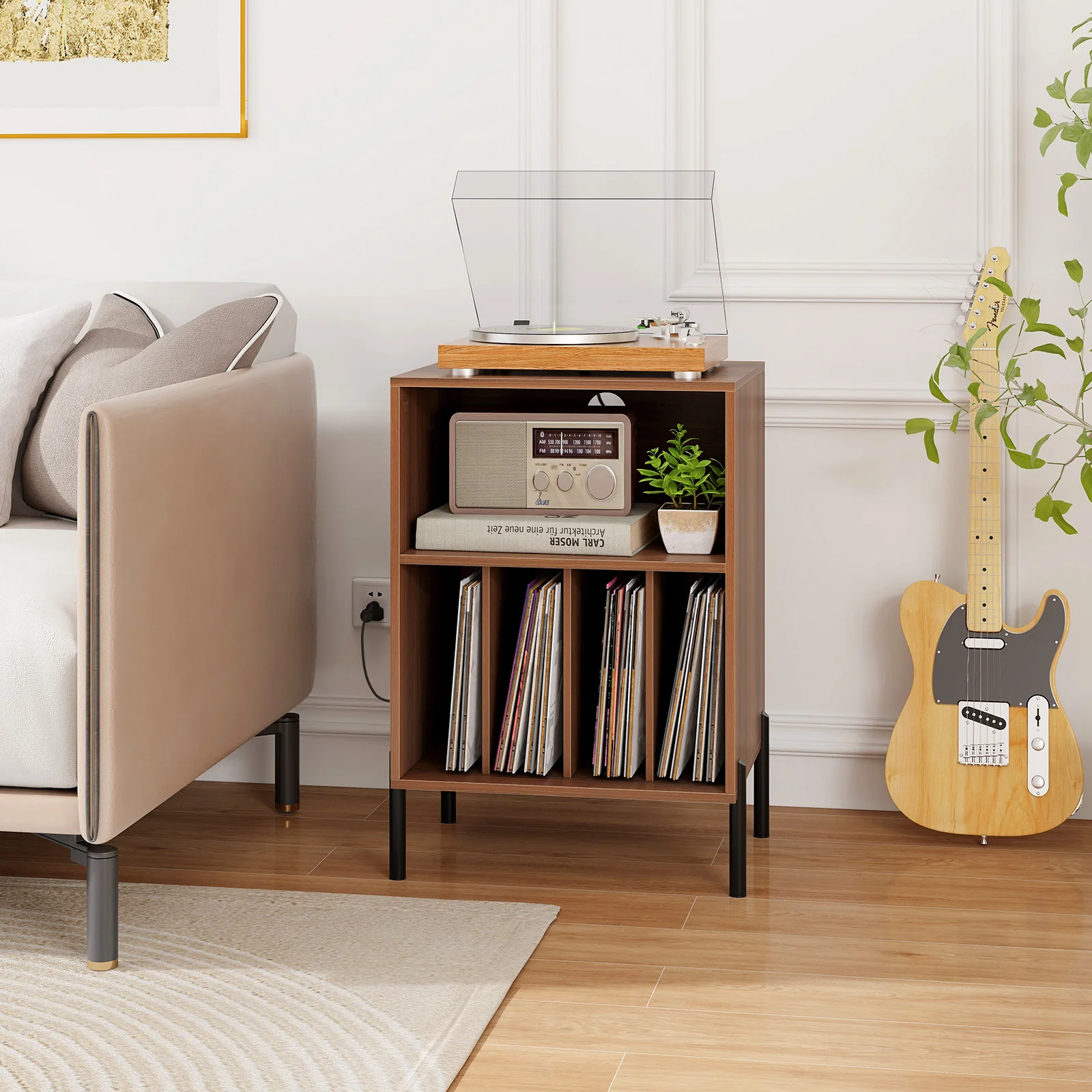 Record Player Stand With Storage Shelf, Charging Station, Walnut - Image 3