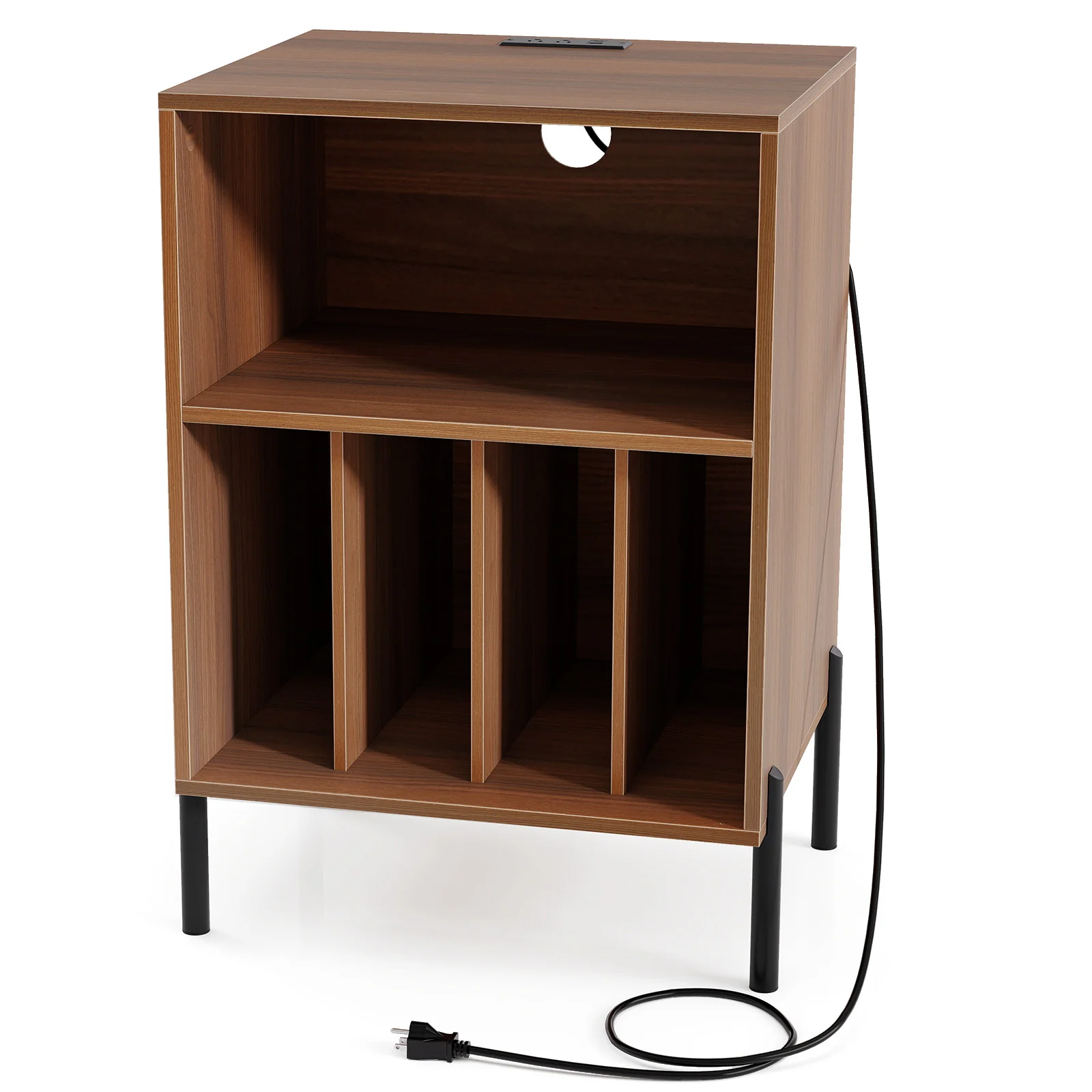 Record Player Stand With Storage Shelf, Charging Station, Walnut - Image 4