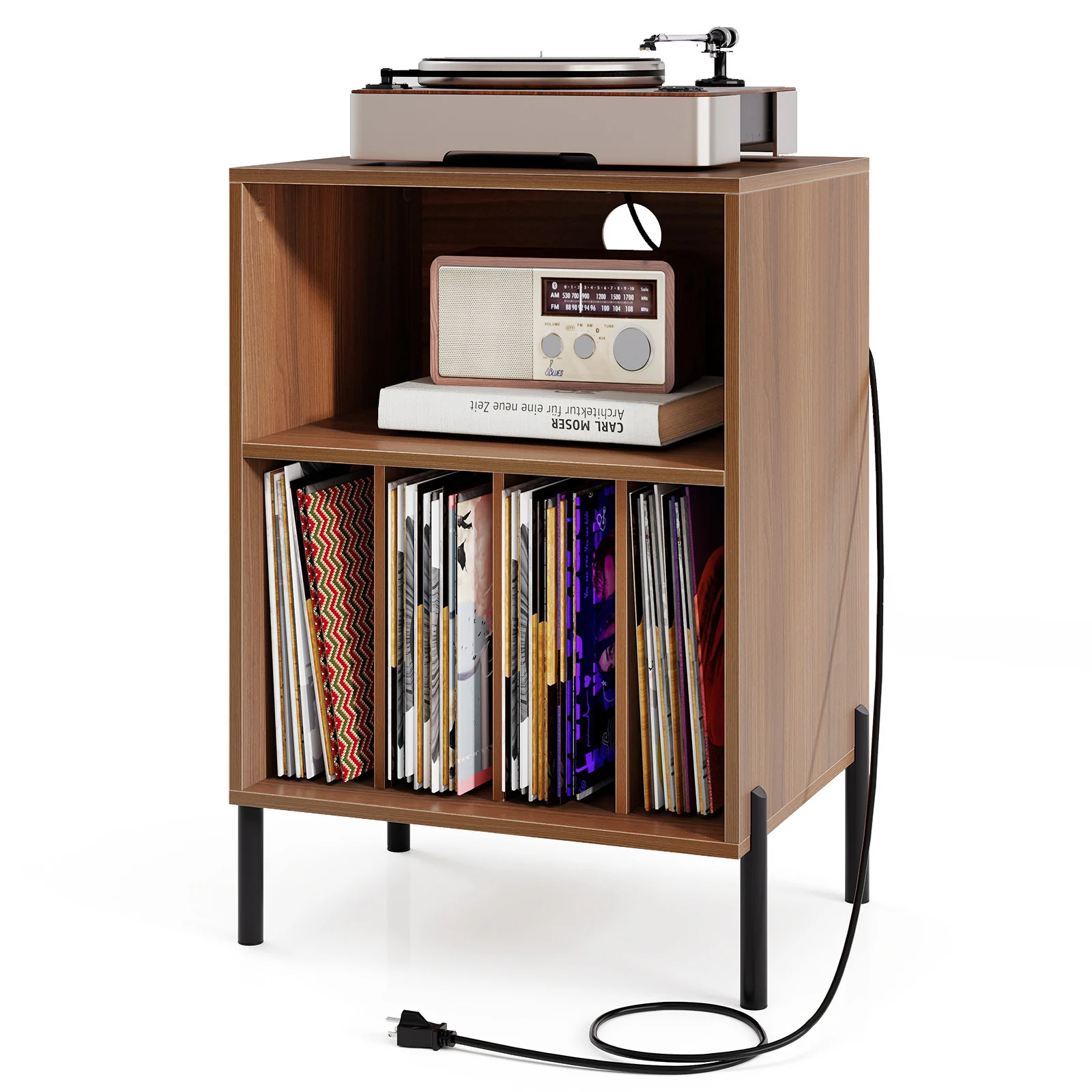Record Player Stand With Storage Shelf, Charging Station, Walnut - Image 5