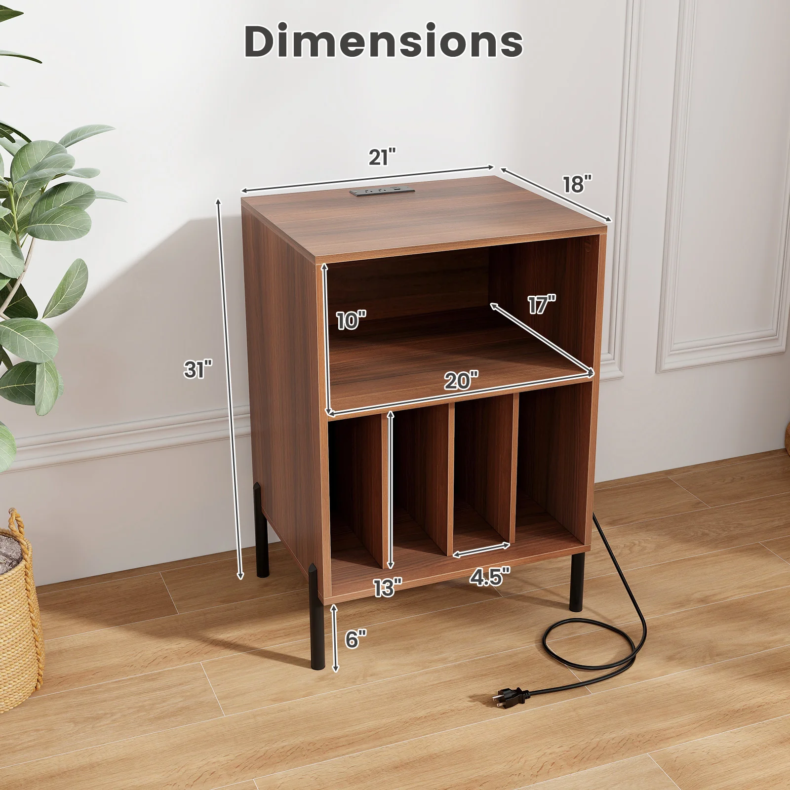 Record Player Stand With Storage Shelf, Charging Station, Walnut - Image 6