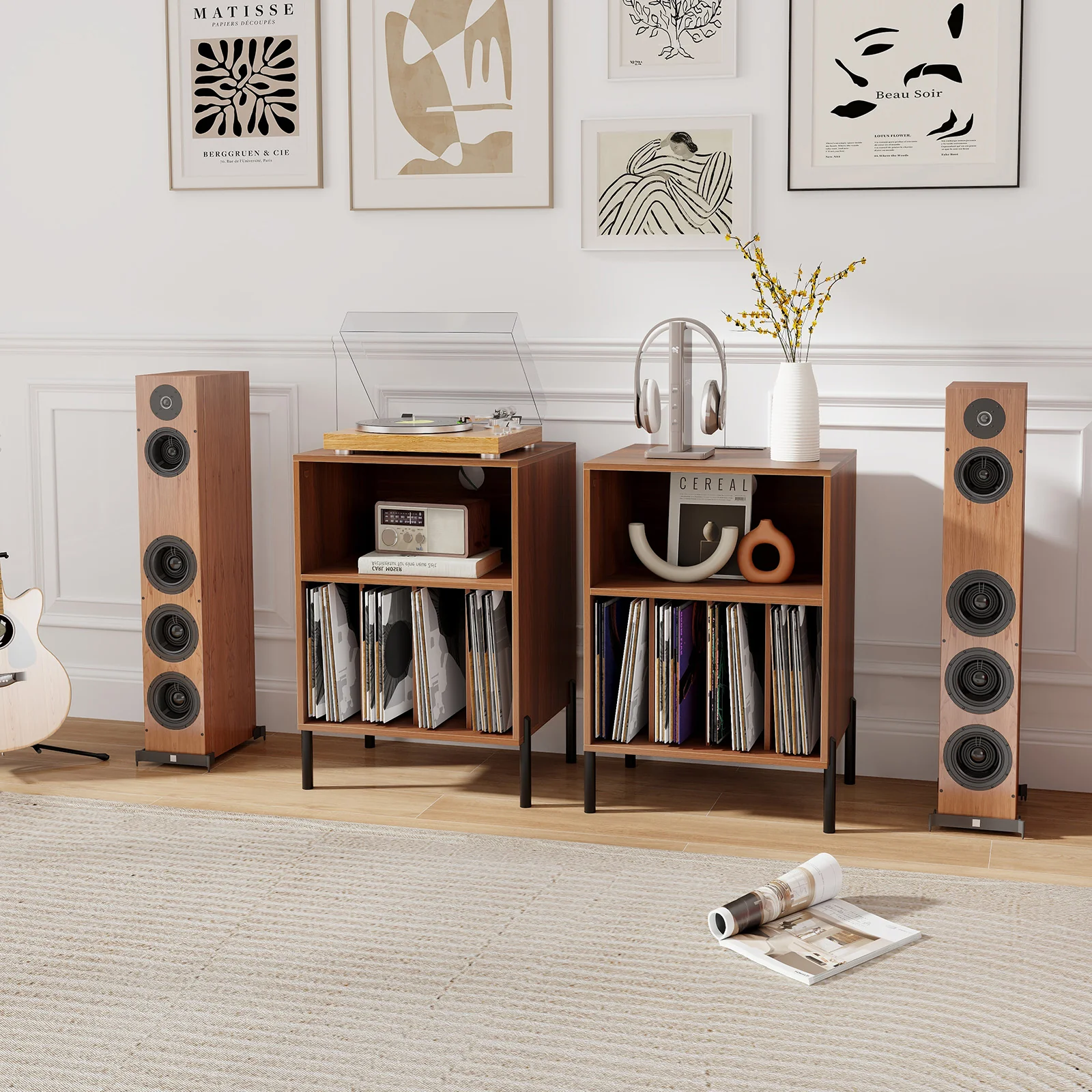 Record Player Stand With Storage Shelf, Charging Station, Walnut - Image 7
