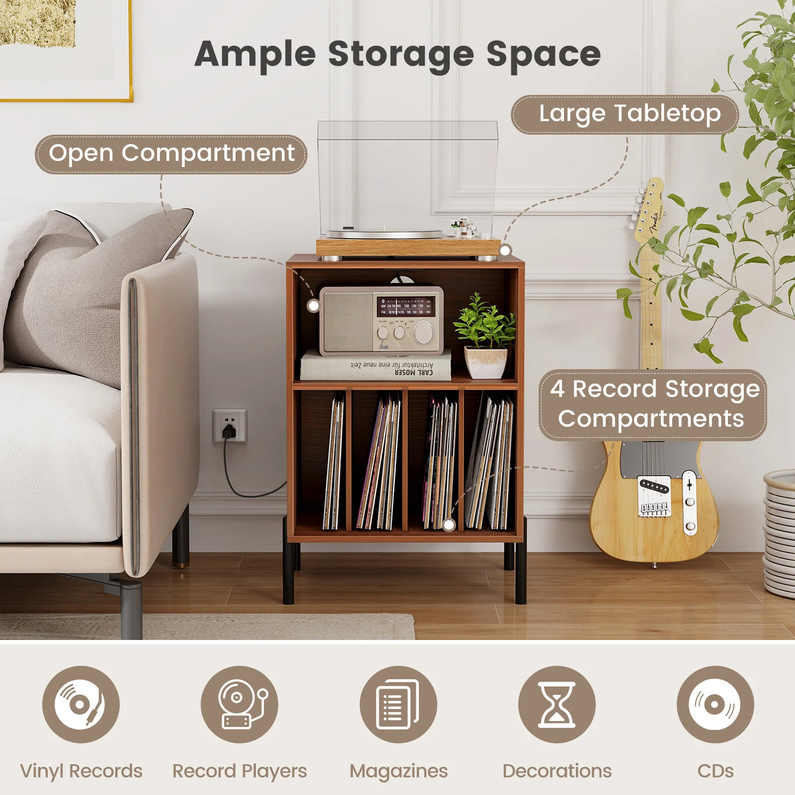 Record Player Stand With Storage Shelf, Charging Station, Walnut - Image 9
