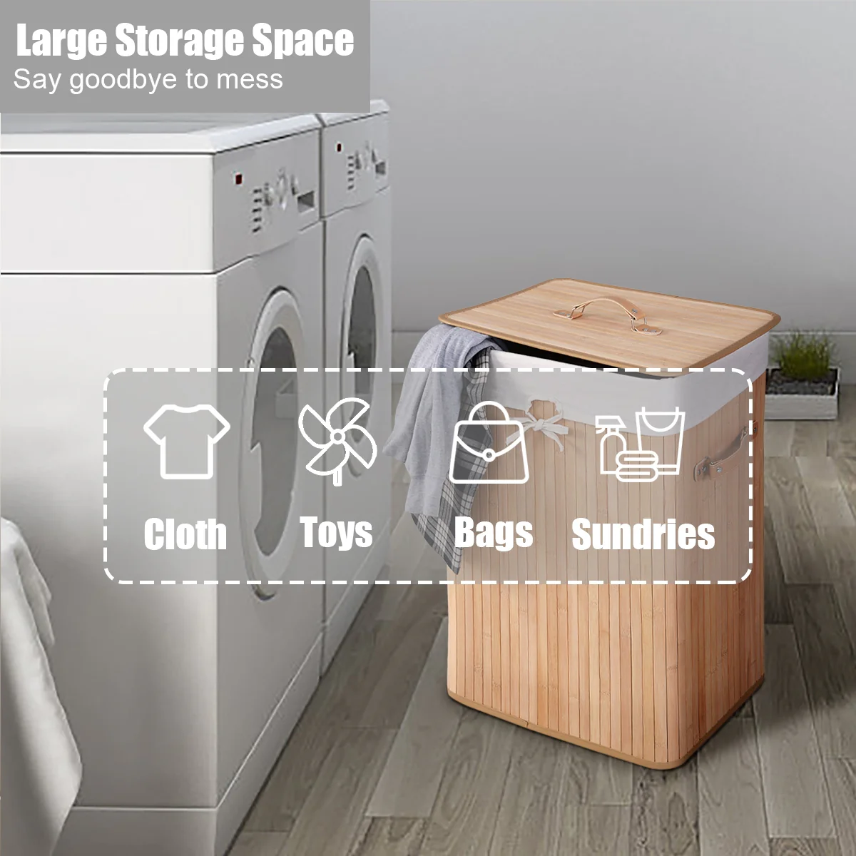 Rectangle Bamboo Laundry Basket, Natural, 3 Color - Image 6