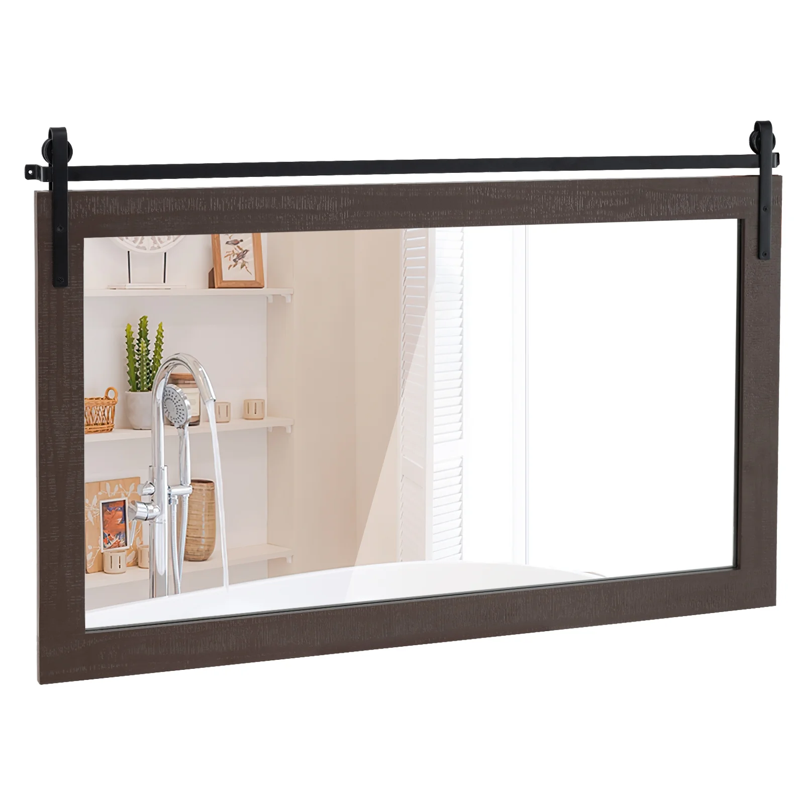 Rectangle Barn Door Wall Mirror, Solid Wood Frame, Walnut