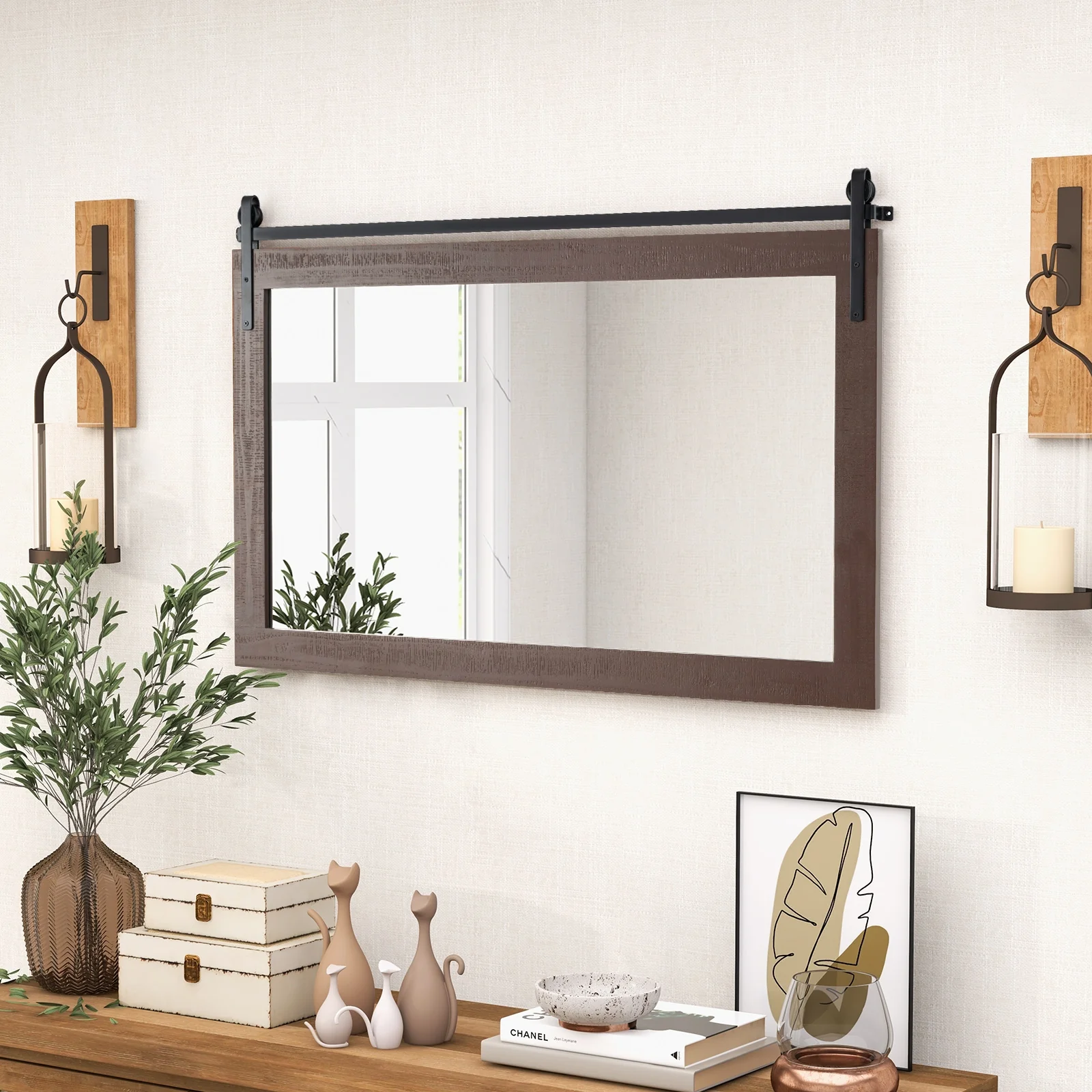 Rectangle Barn Door Wall Mirror, Solid Wood Frame, Walnut - Image 2