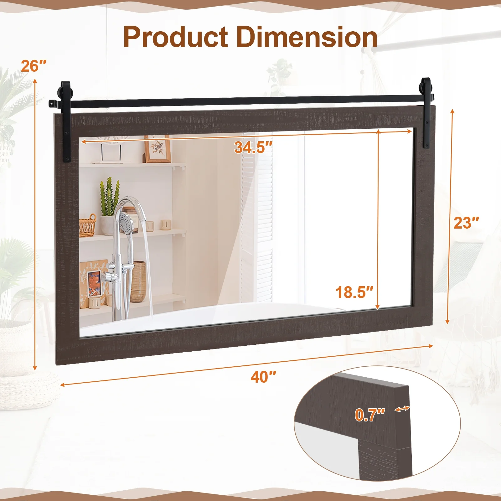 Rectangle Barn Door Wall Mirror, Solid Wood Frame, Walnut - Image 5