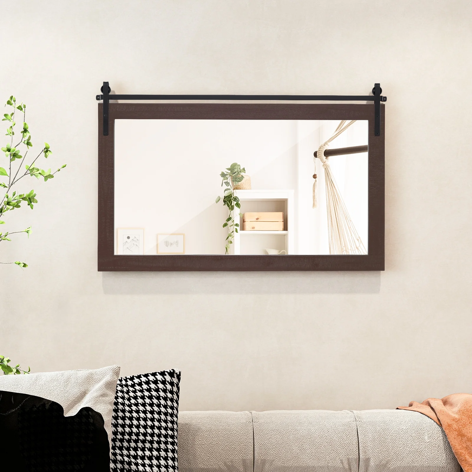 Rectangle Barn Door Wall Mirror, Solid Wood Frame, Walnut - Image 6