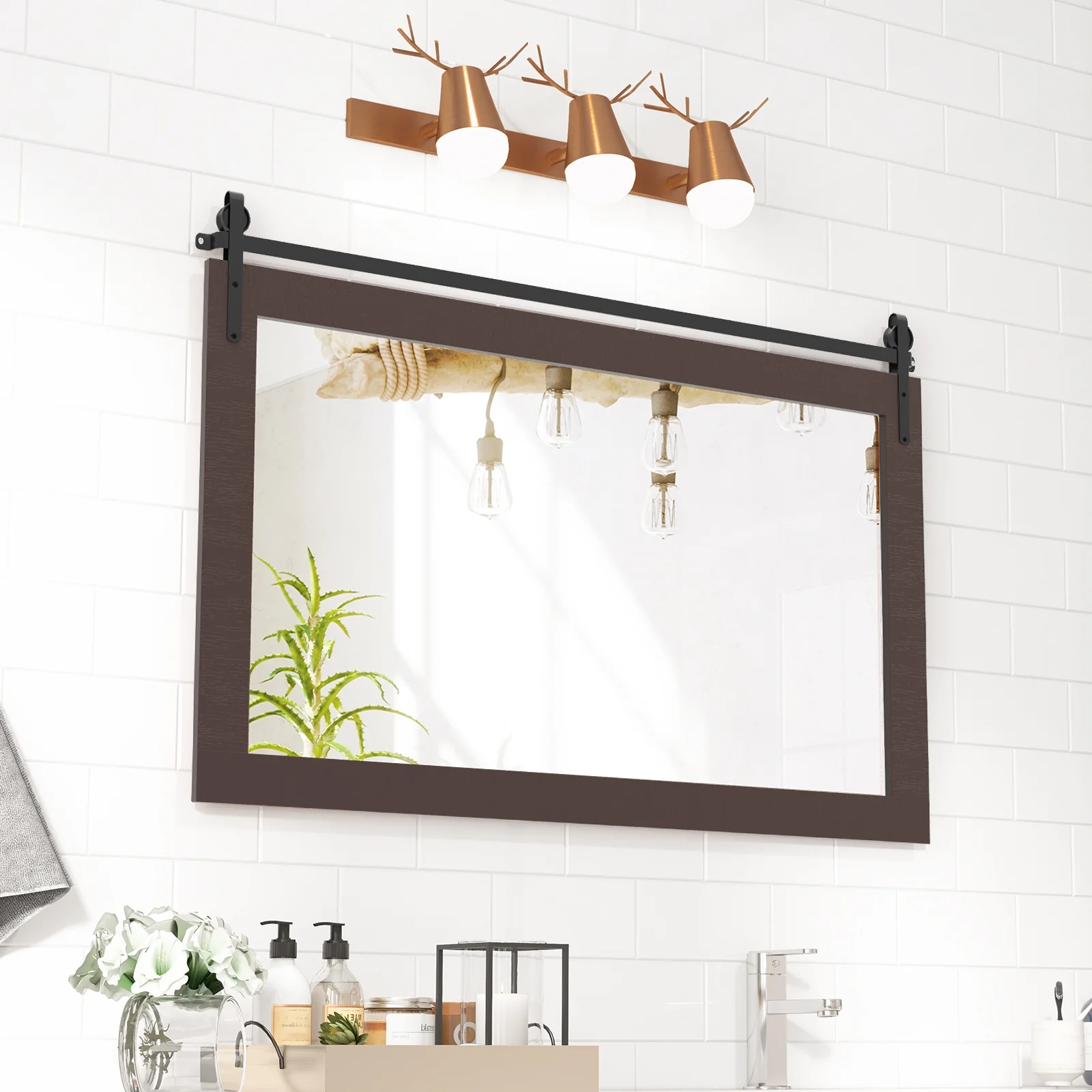 Rectangle Barn Door Wall Mirror, Solid Wood Frame, Walnut - Image 7