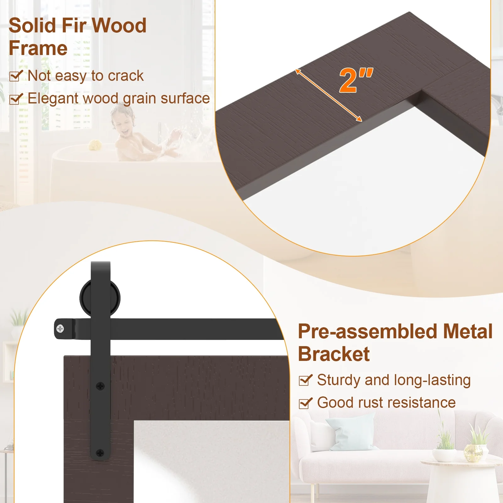 Rectangle Barn Door Wall Mirror, Solid Wood Frame, Walnut - Image 8