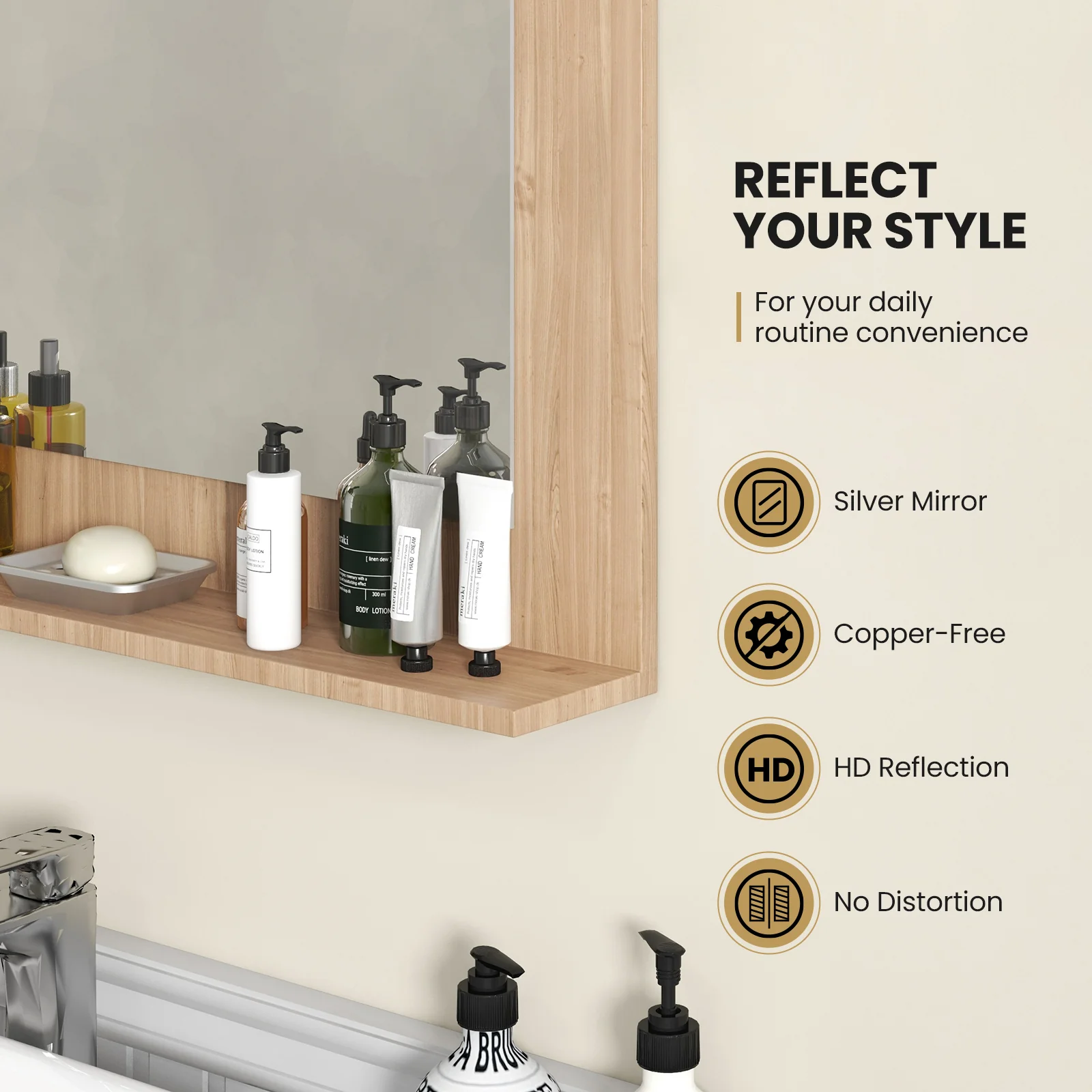 Rectangle Bathroom Mirror With Shelf, 23.5 x 17.5 Inch, Wood Frame, Brown - Image 10