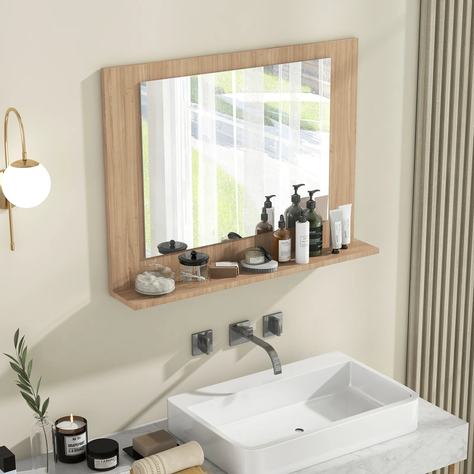 Rectangle Bathroom Mirror With Shelf, 23.5 x 17.5 Inch, Wood Frame, Brown - Image 2