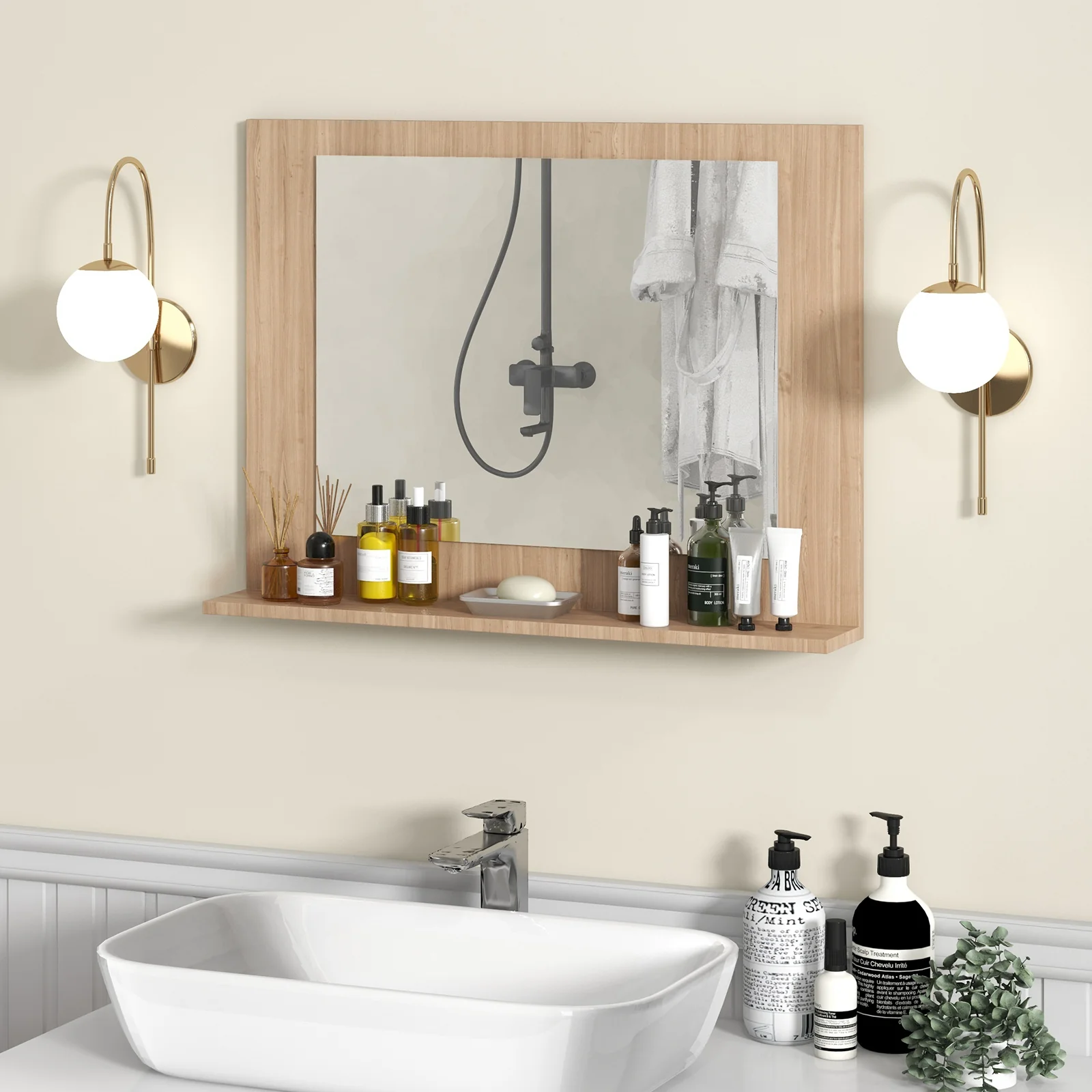 Rectangle Bathroom Mirror With Shelf, 23.5 x 17.5 Inch, Wood Frame, Brown - Image 3