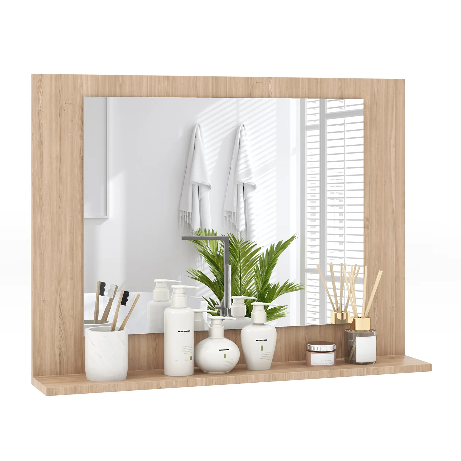 Rectangle Bathroom Mirror With Shelf, 23.5 x 17.5 Inch, Wood Frame, Brown - Image 5