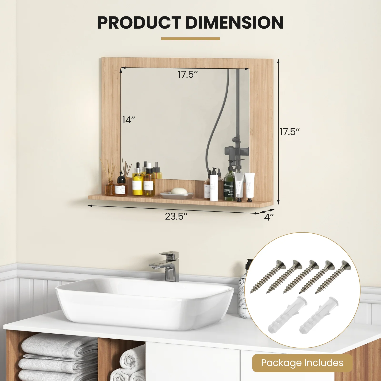 Rectangle Bathroom Mirror With Shelf, 23.5 x 17.5 Inch, Wood Frame, Brown - Image 6