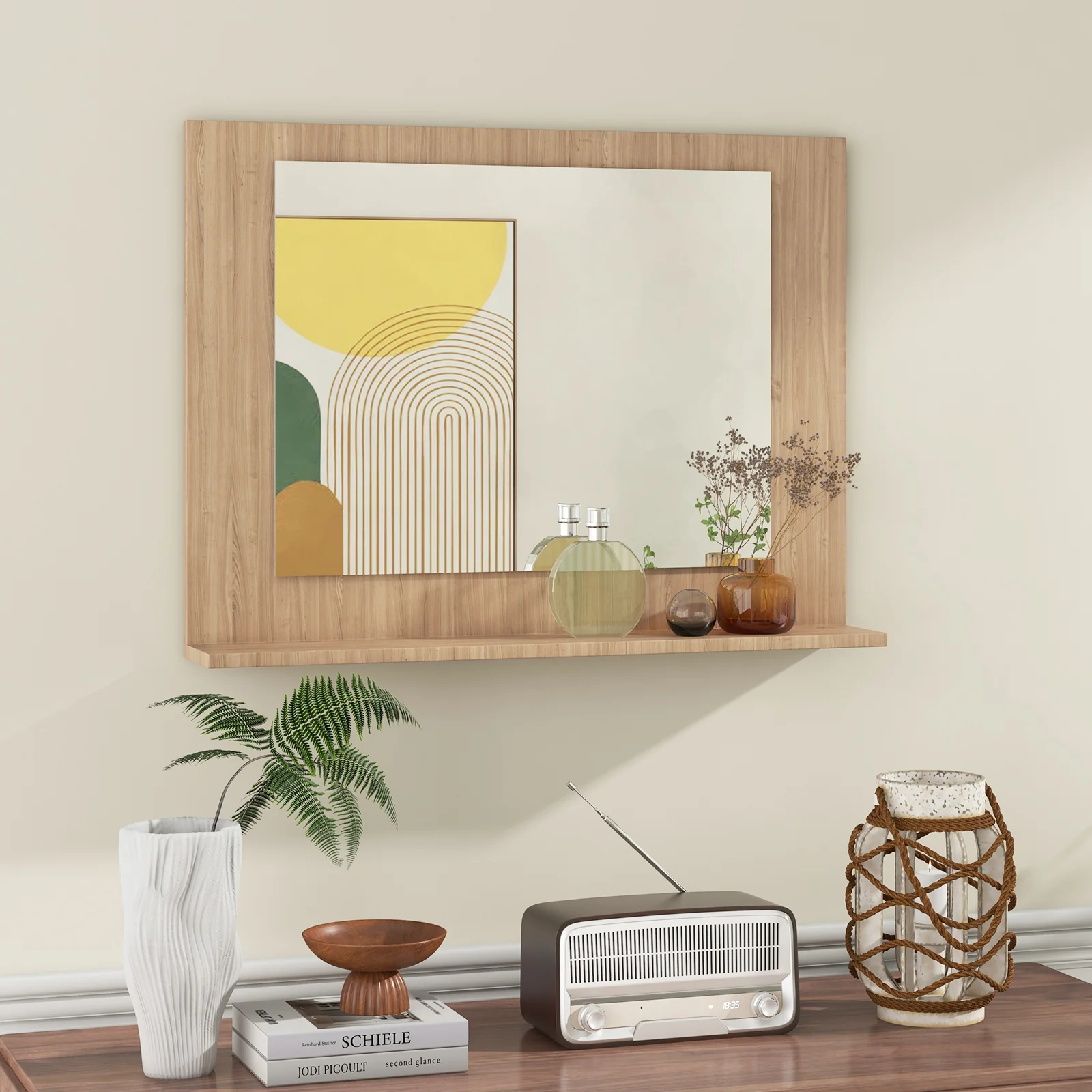 Rectangle Bathroom Mirror With Shelf, 23.5 x 17.5 Inch, Wood Frame, Brown - Image 8