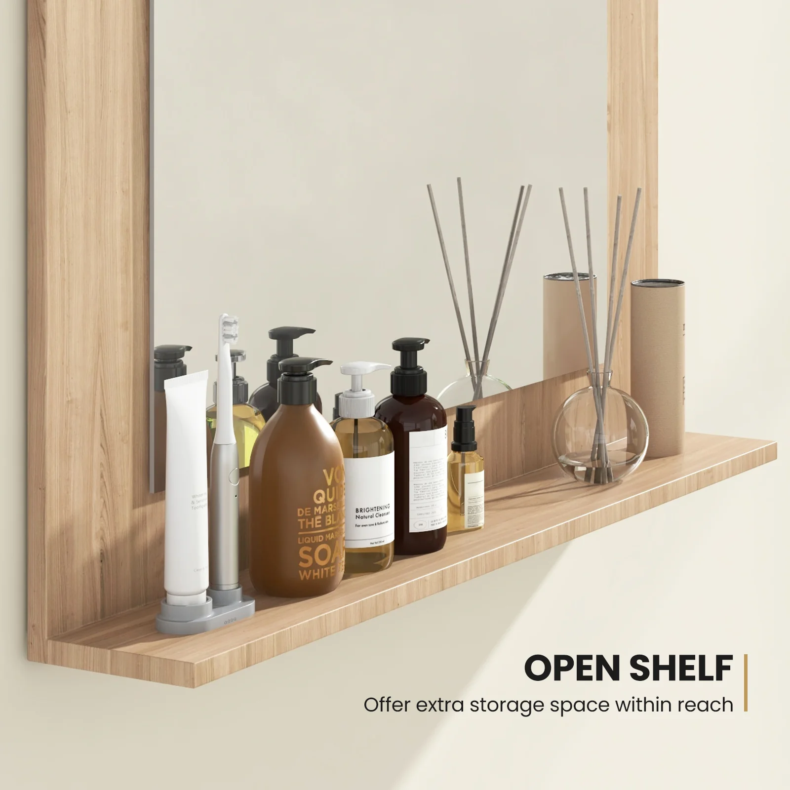 Rectangle Bathroom Mirror With Shelf, 23.5 x 17.5 Inch, Wood Frame, Brown - Image 9