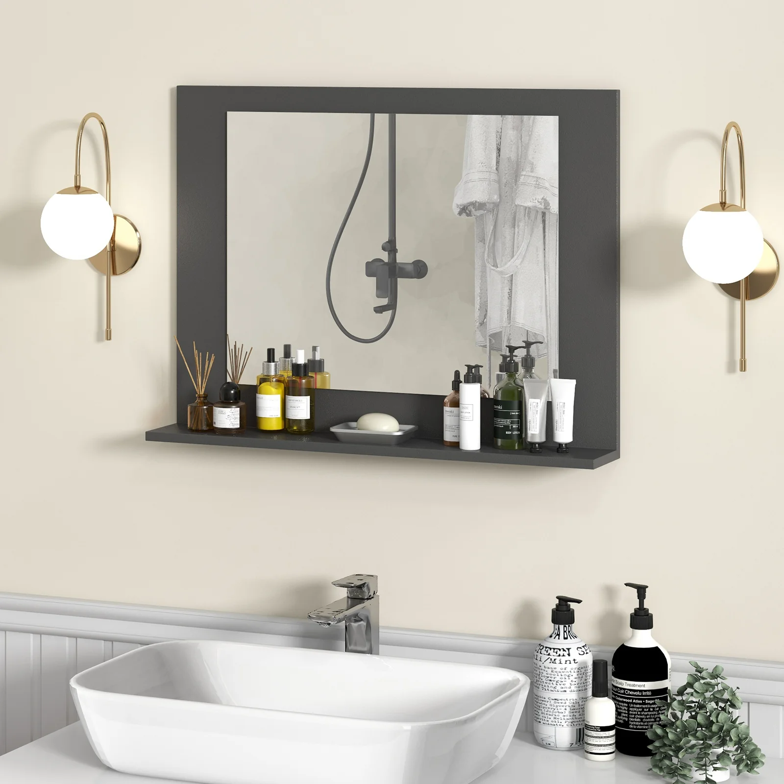 Rectangle Bathroom Mirror With Shelf, 23.5 x 17.5 Inch, Wood Frame, Gray - Image 2