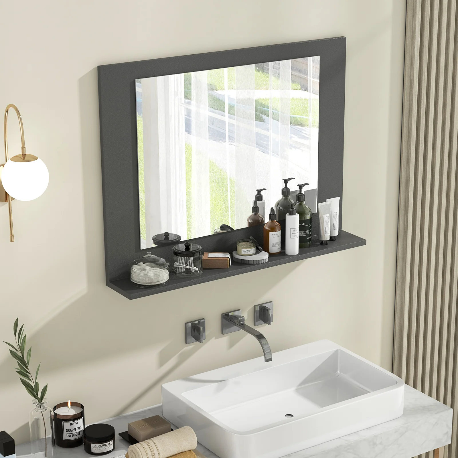 Rectangle Bathroom Mirror With Shelf, 23.5 x 17.5 Inch, Wood Frame, Gray - Image 3