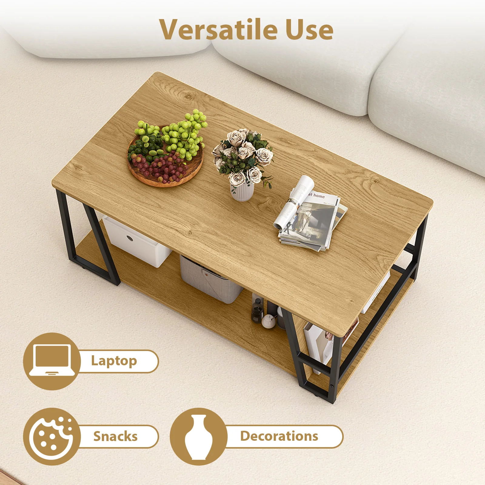 Rectangle Coffee Table, 2-Tier Industrial Accent Table, Natural - Image 10
