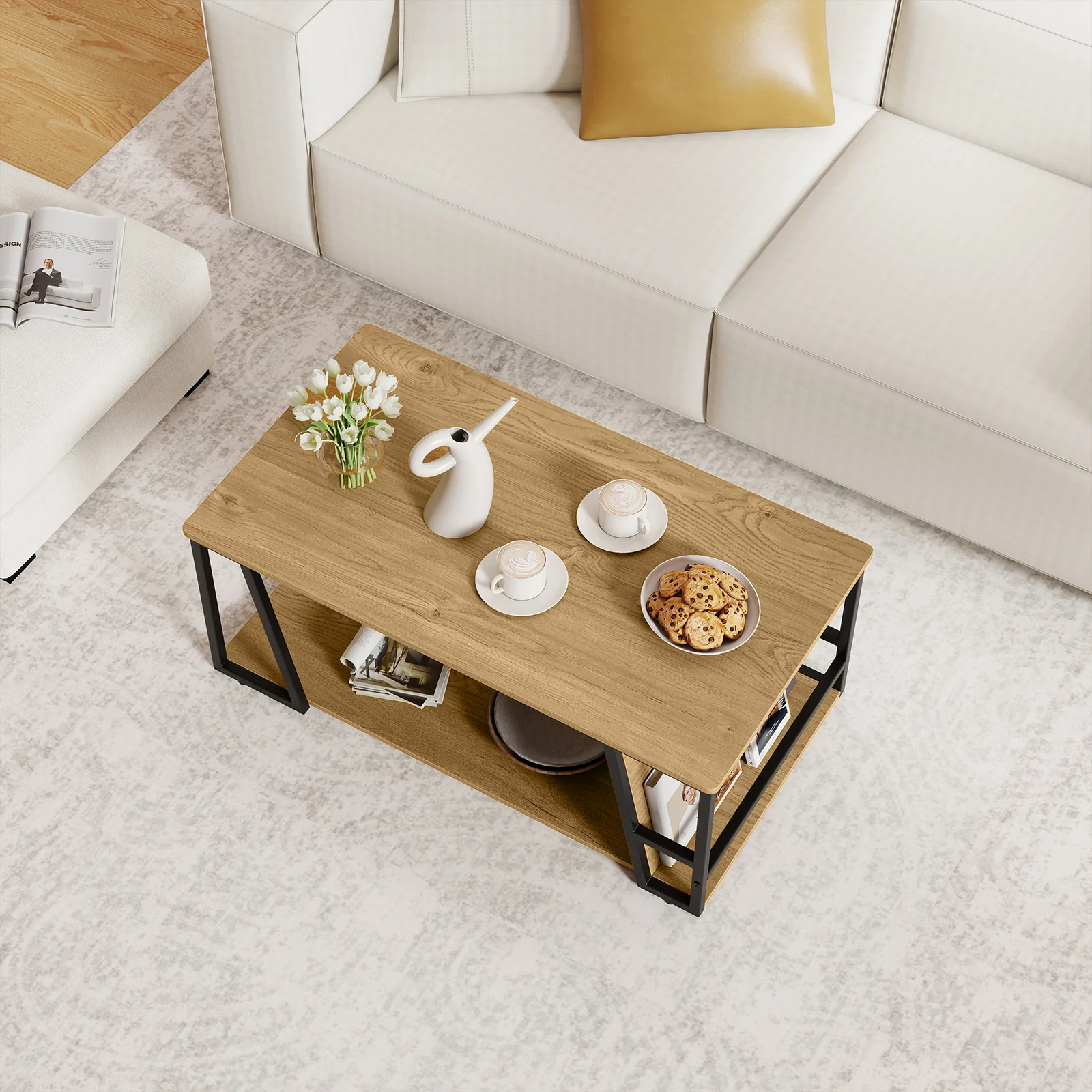 Rectangle Coffee Table, 2-Tier Industrial Accent Table, Natural - Image 3