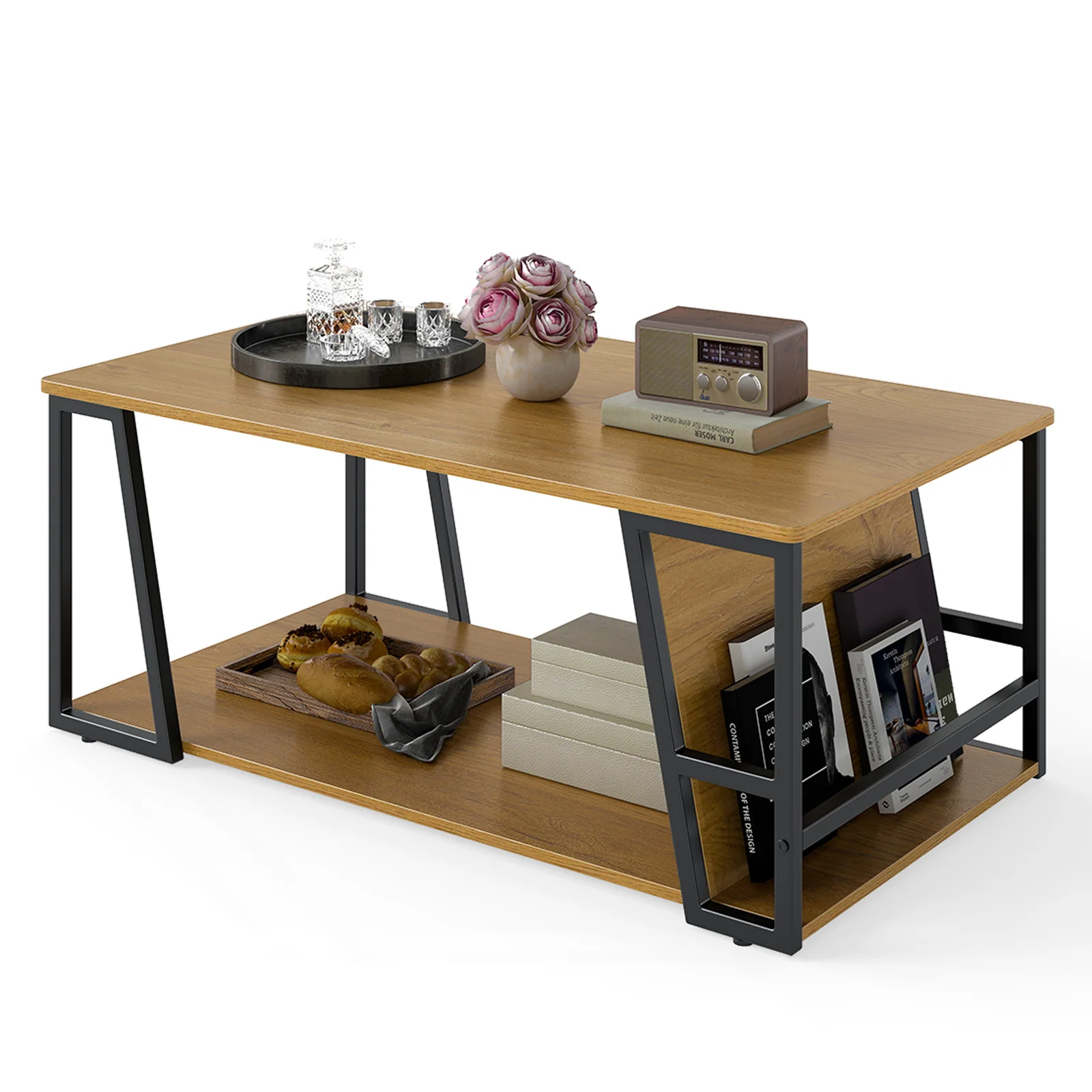 Rectangle Coffee Table, 2-Tier Industrial Accent Table, Natural - Image 5
