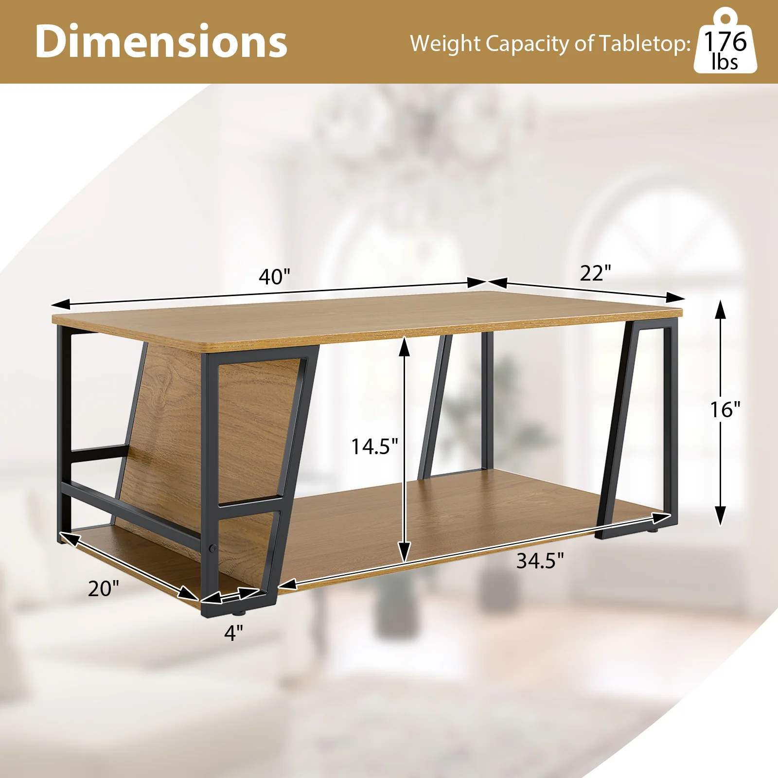 Rectangle Coffee Table, 2-Tier Industrial Accent Table, Natural - Image 6
