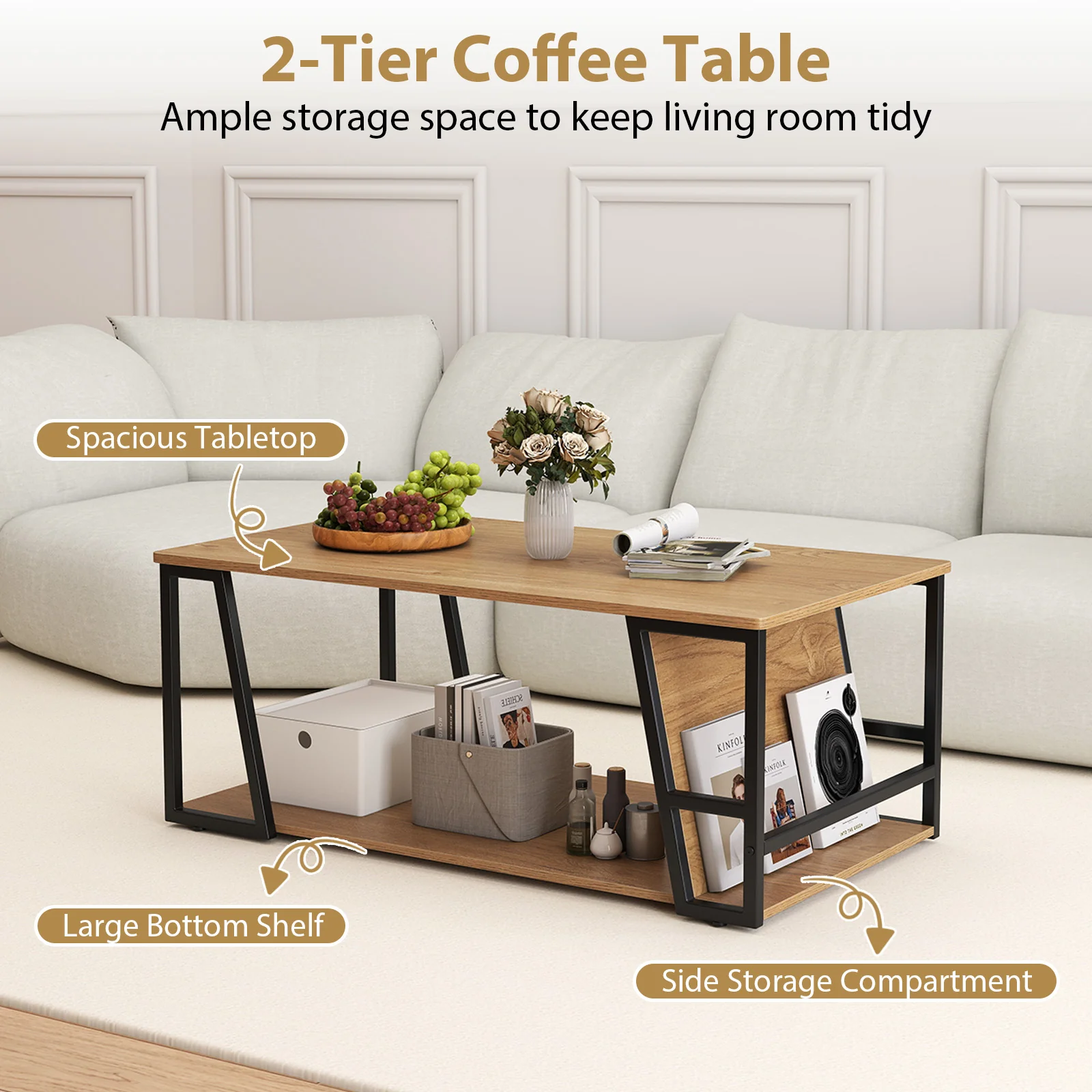 Rectangle Coffee Table, 2-Tier Industrial Accent Table, Natural - Image 7